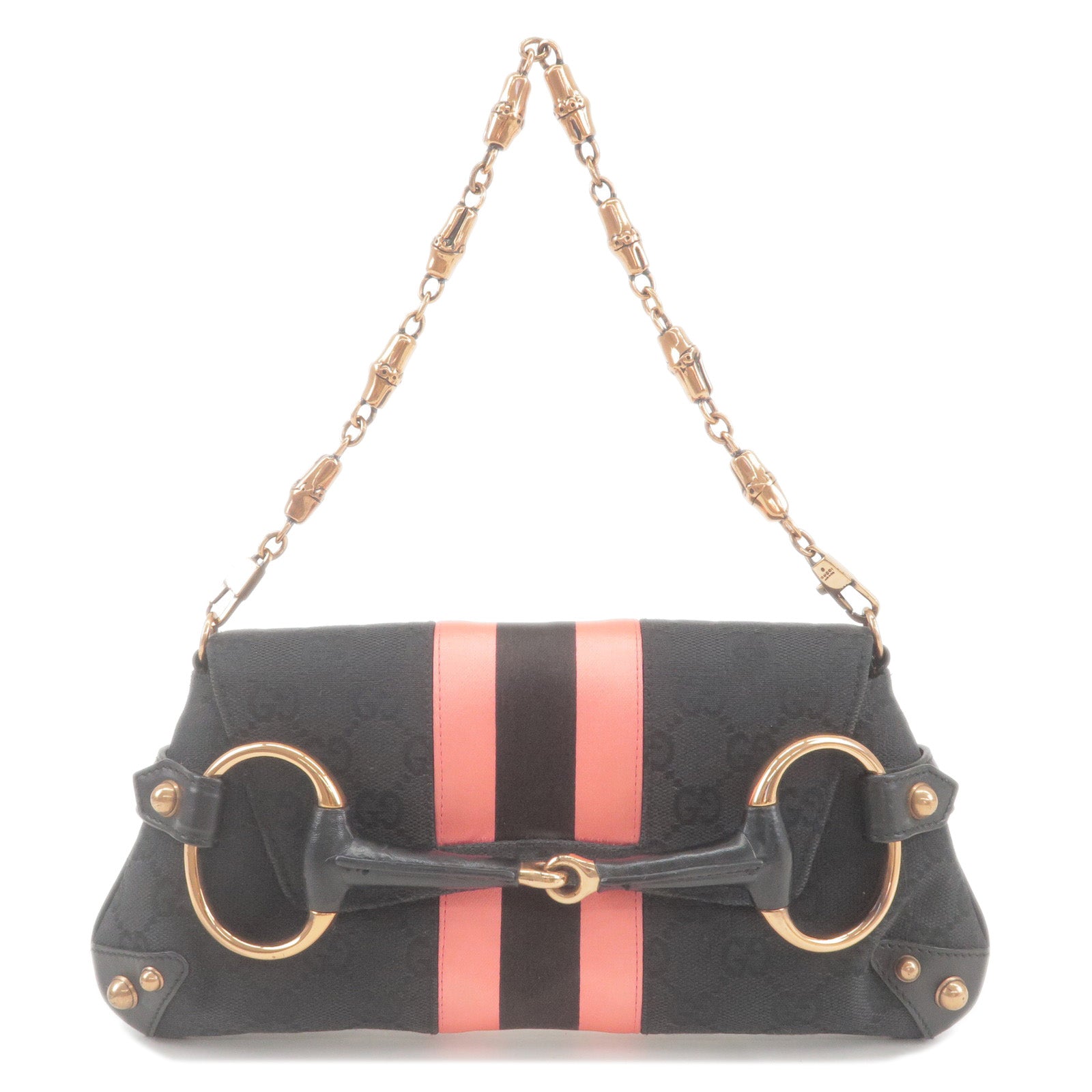 GUCCI Bamboo Horsebit GG Canvas Leather Shoulder Bag Black 129497