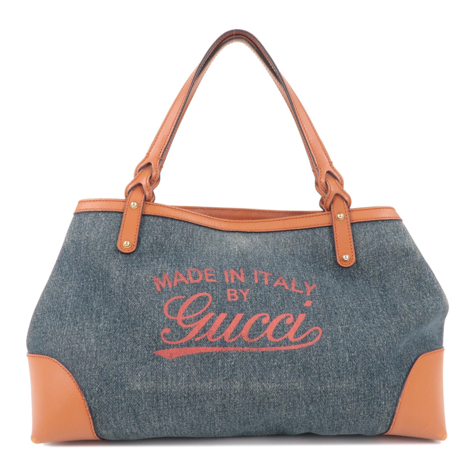 GUCCI Craft Denim Leather Tote Bag Shoulder Bag Navy Brown 348715