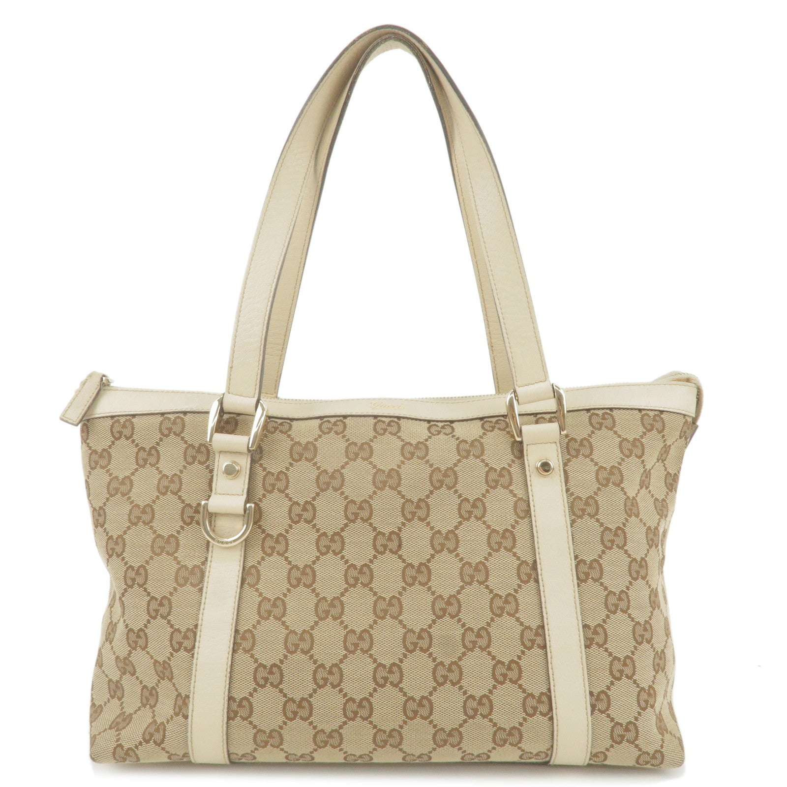 GUCCI GG Abbey Canvas Leather Tote Bag Beige Ivory 141470