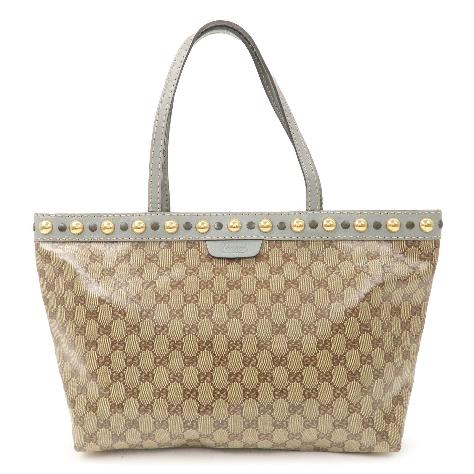 GUCCI GG Crystal PVC Leather Studs Tote Bag Beige Gray 207291