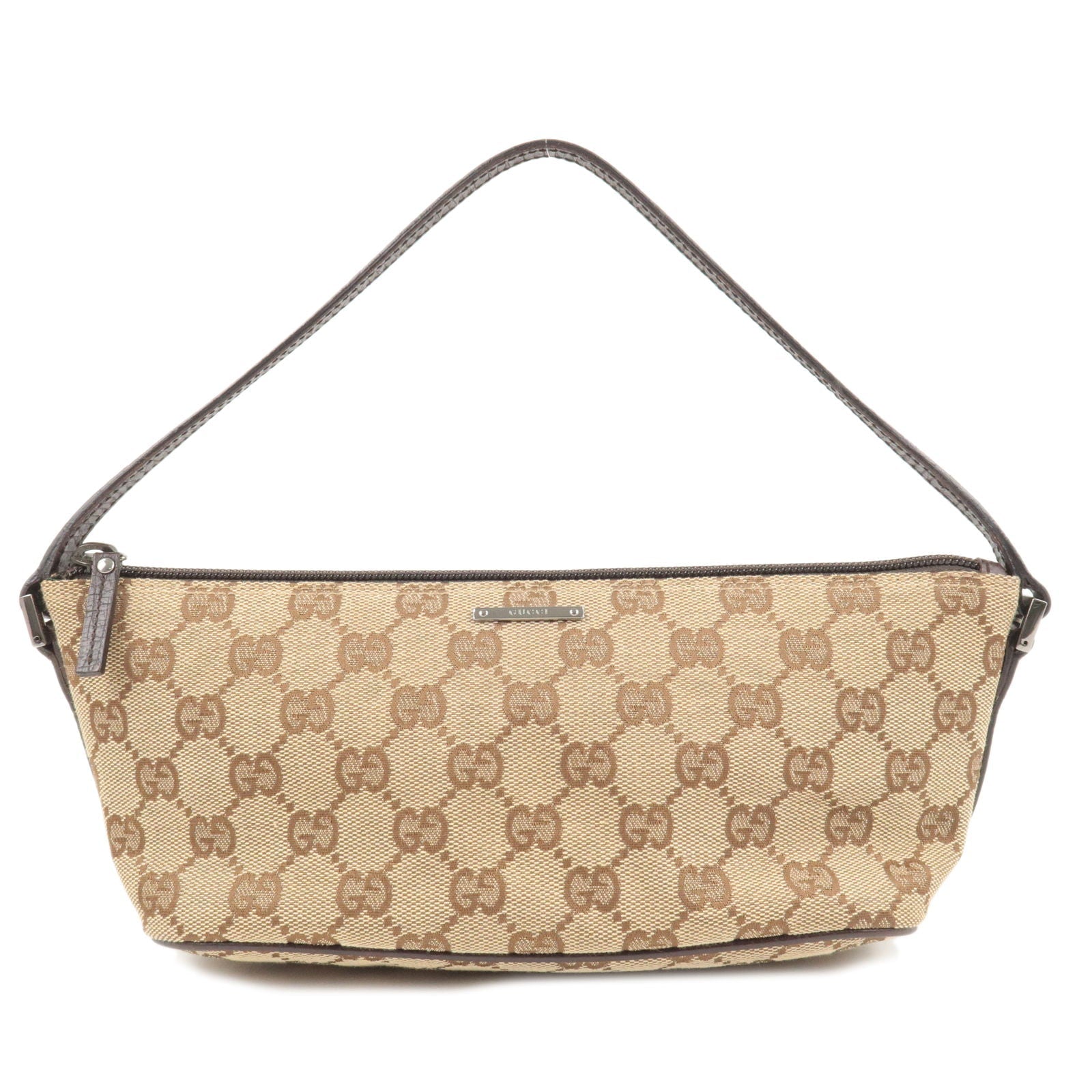 GUCCI Boat Bag GG Canvas Leather Hand Bag Beige Dark Brown 07198