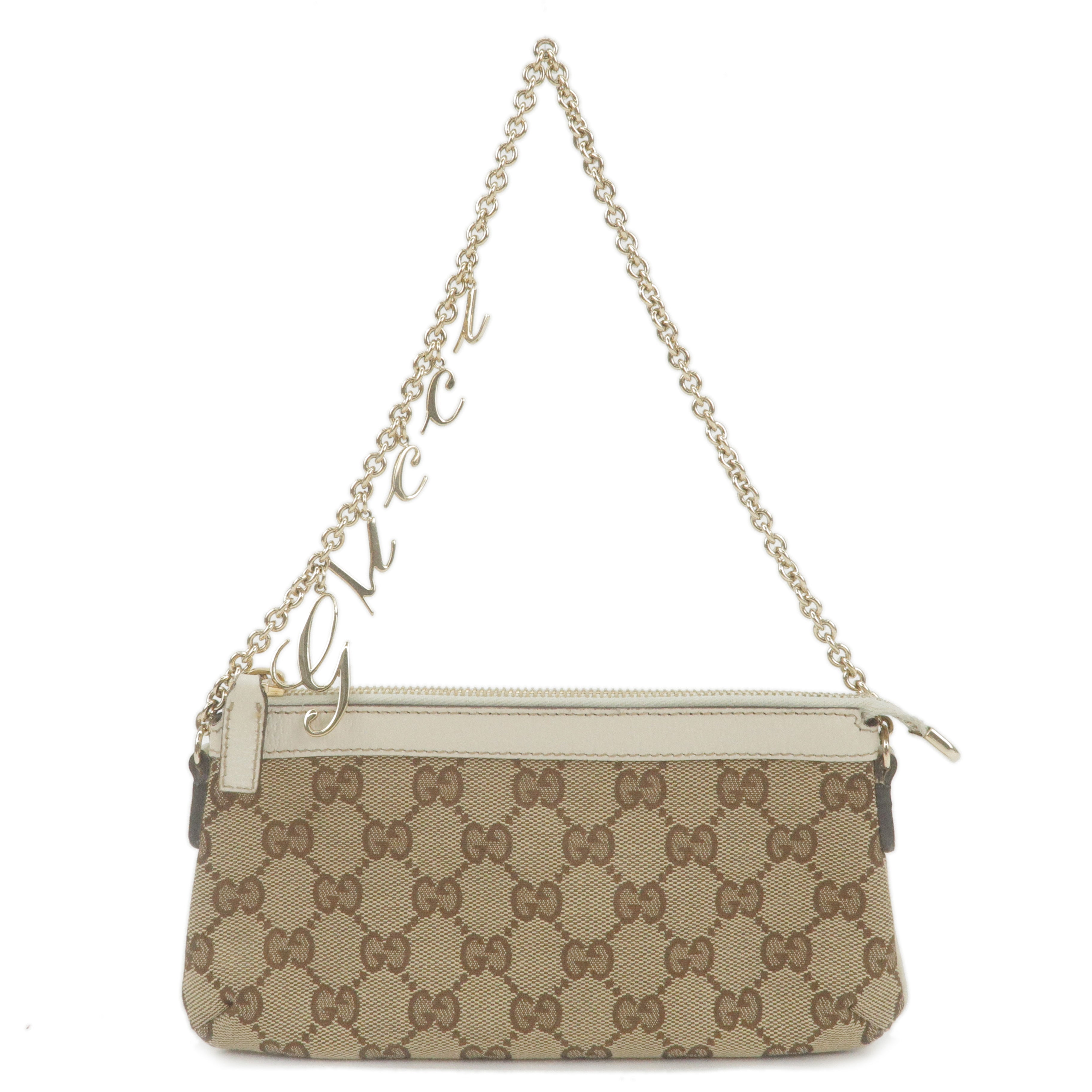 GUCCI GG Canvas Leather Chain Pouch Bag Beige Ivory 120940