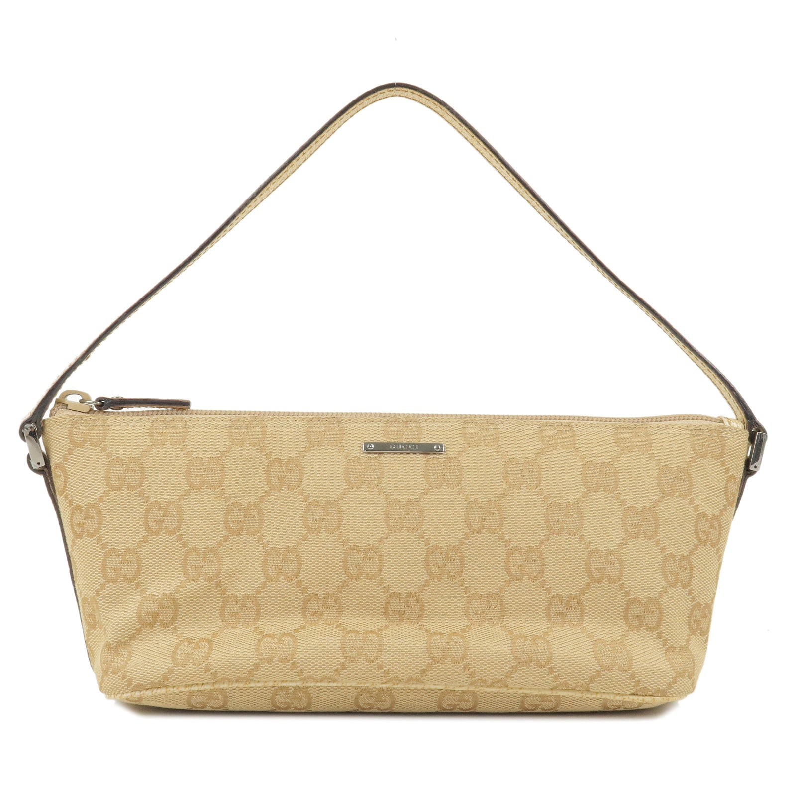 GUCCI GG Canvas Leather Boat Bag Hand Bag Pouch Beige 07198