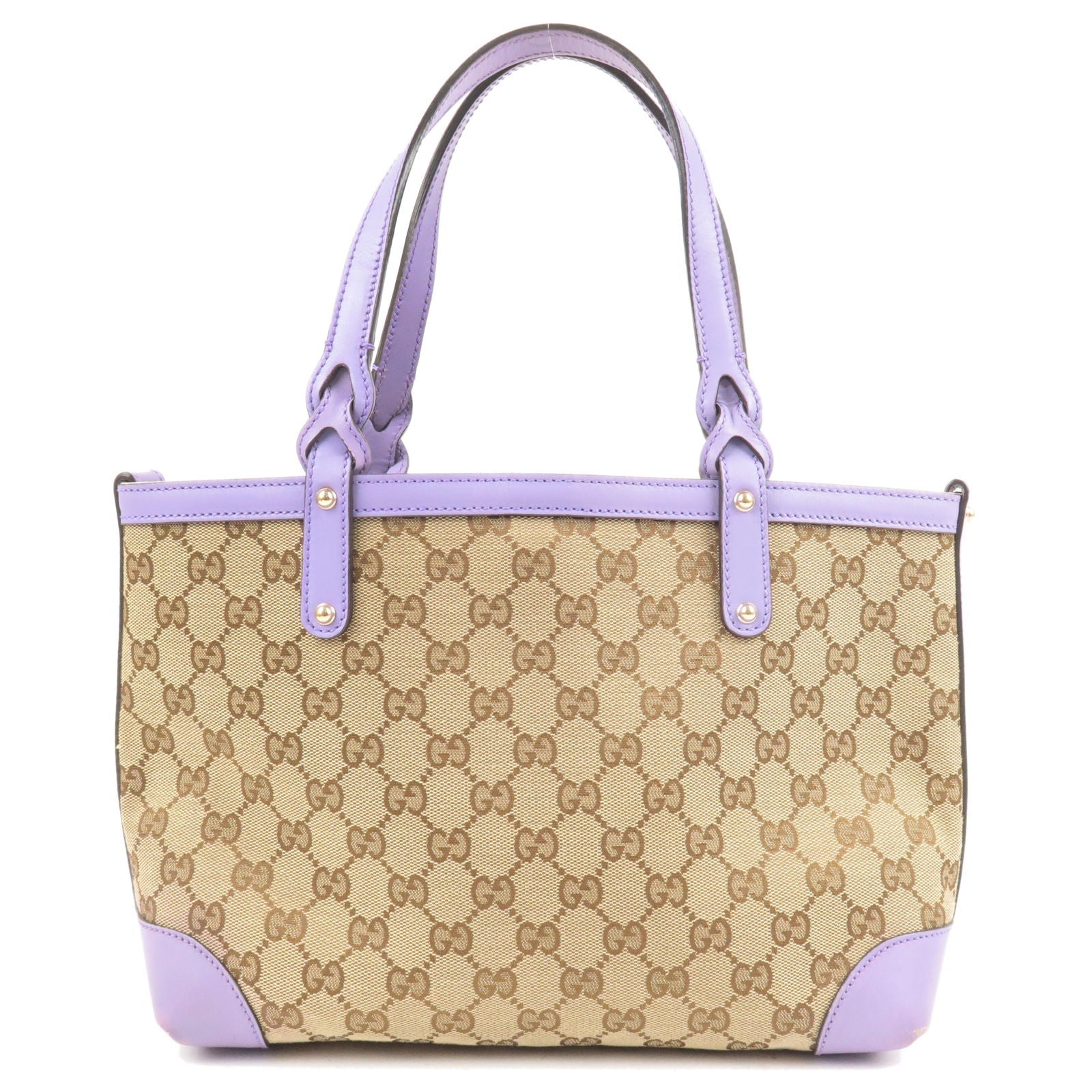 GUCCI GG Canvas Leather Tote Bag Beige Purple 269878