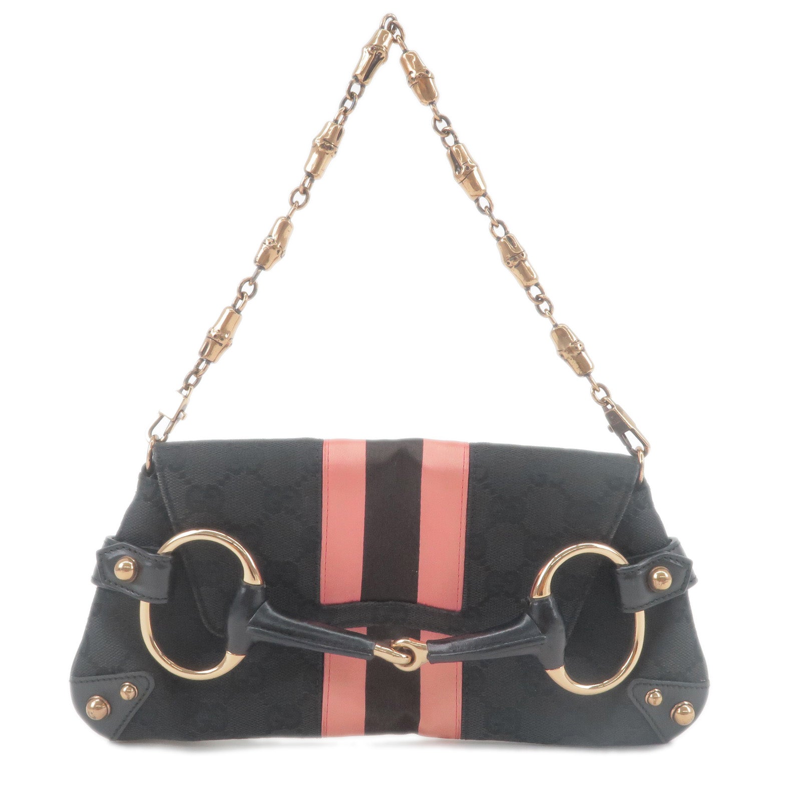 GUCCI Horsebit GG Canvas Leather Shoulder Bag Black Pink 129497