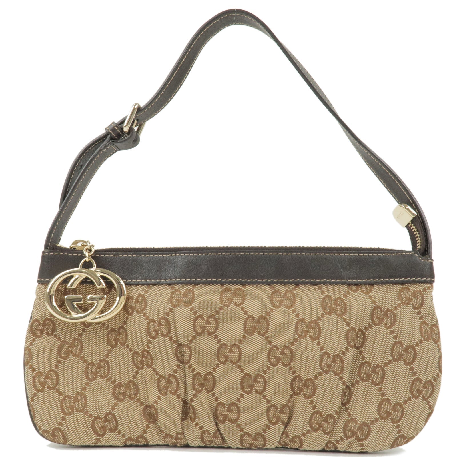 GUCCI GG Canvas Leather Hand Bag Pouch Beige Brown 212122