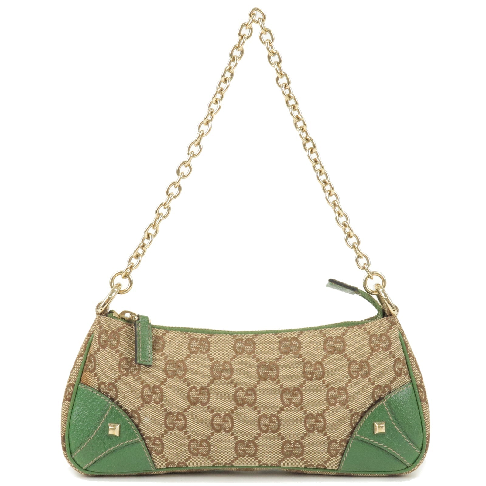 GUCCI GG Canvas Leather Studs Chain Shoulder Bag Green 120940