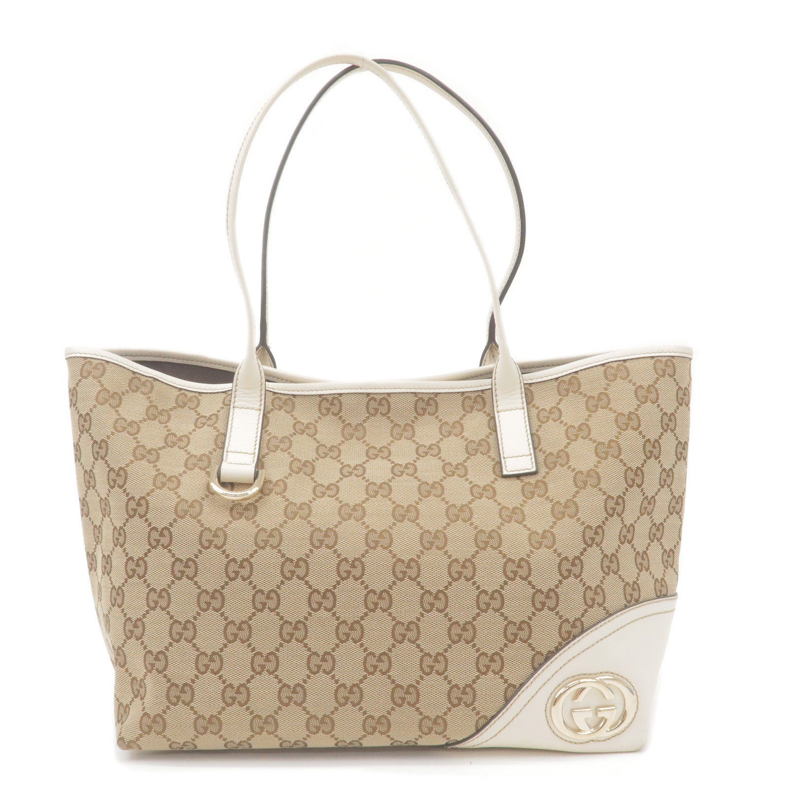 GUCCI GG Canvas Leather Tote Bag Hand Bag Beige Ivory 169946