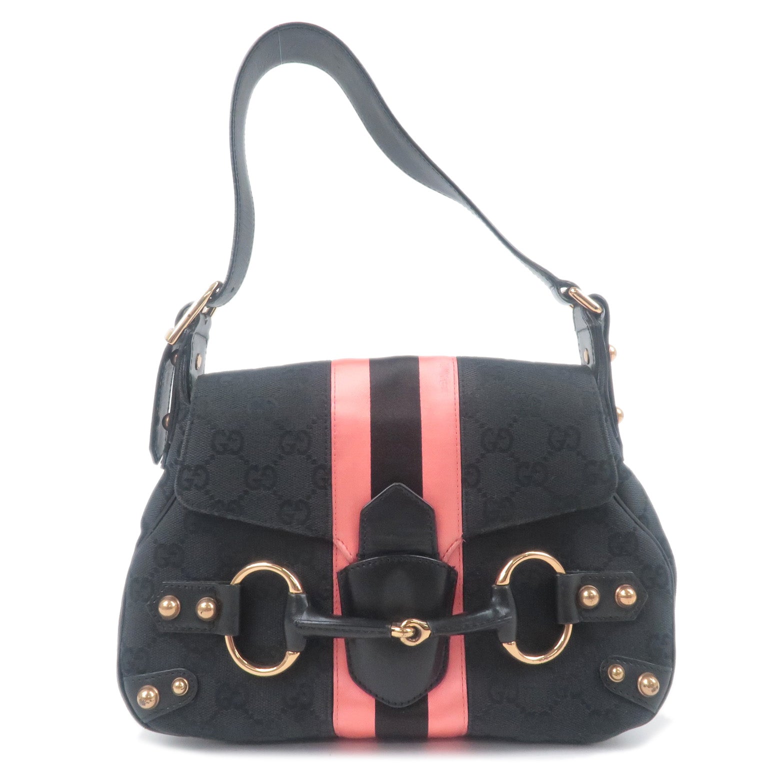 GUCCI Horsebit GG Canvas Leather Shoulder Bag Black Pink 129699