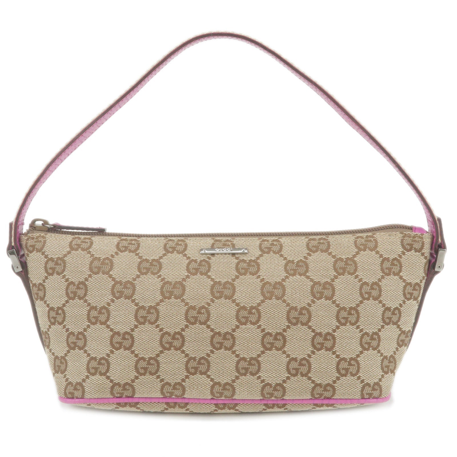 GUCCI GG Canvas Leather Boat Bag Hand Bag Beige Purple 141809