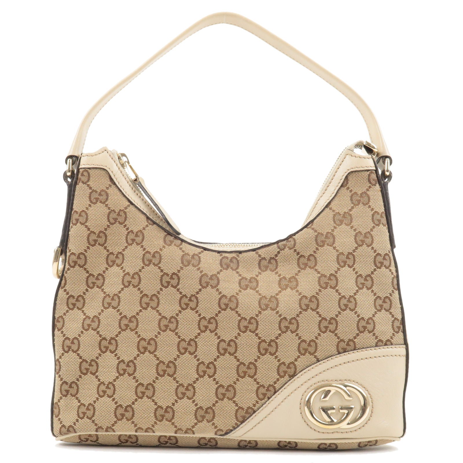 GUCCI GG Canvas Leather Shoulder Bag Beige Ivory 182489