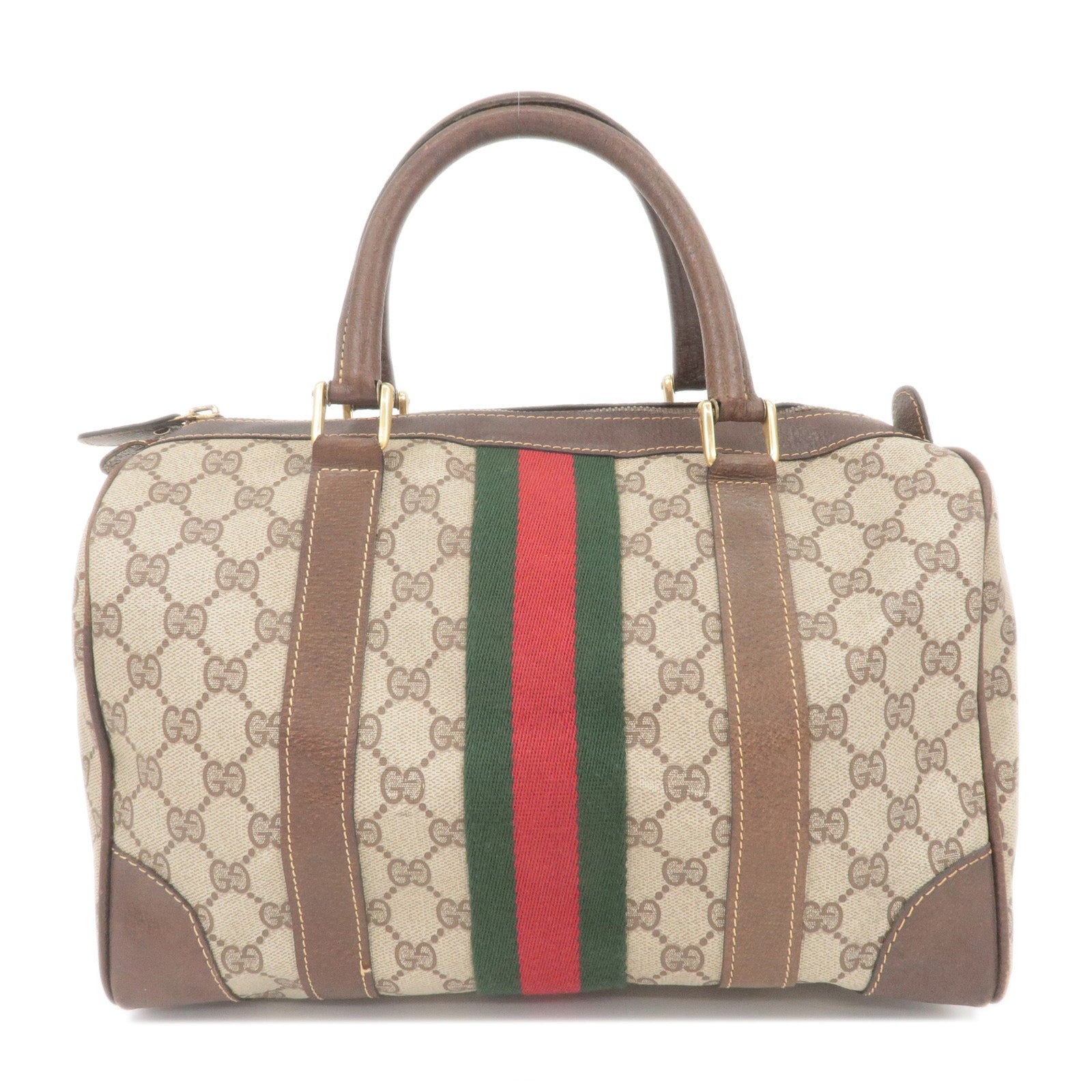 GUCCI Old Gucci Sherry GG Plus Leather Boston Bag Beige Brown