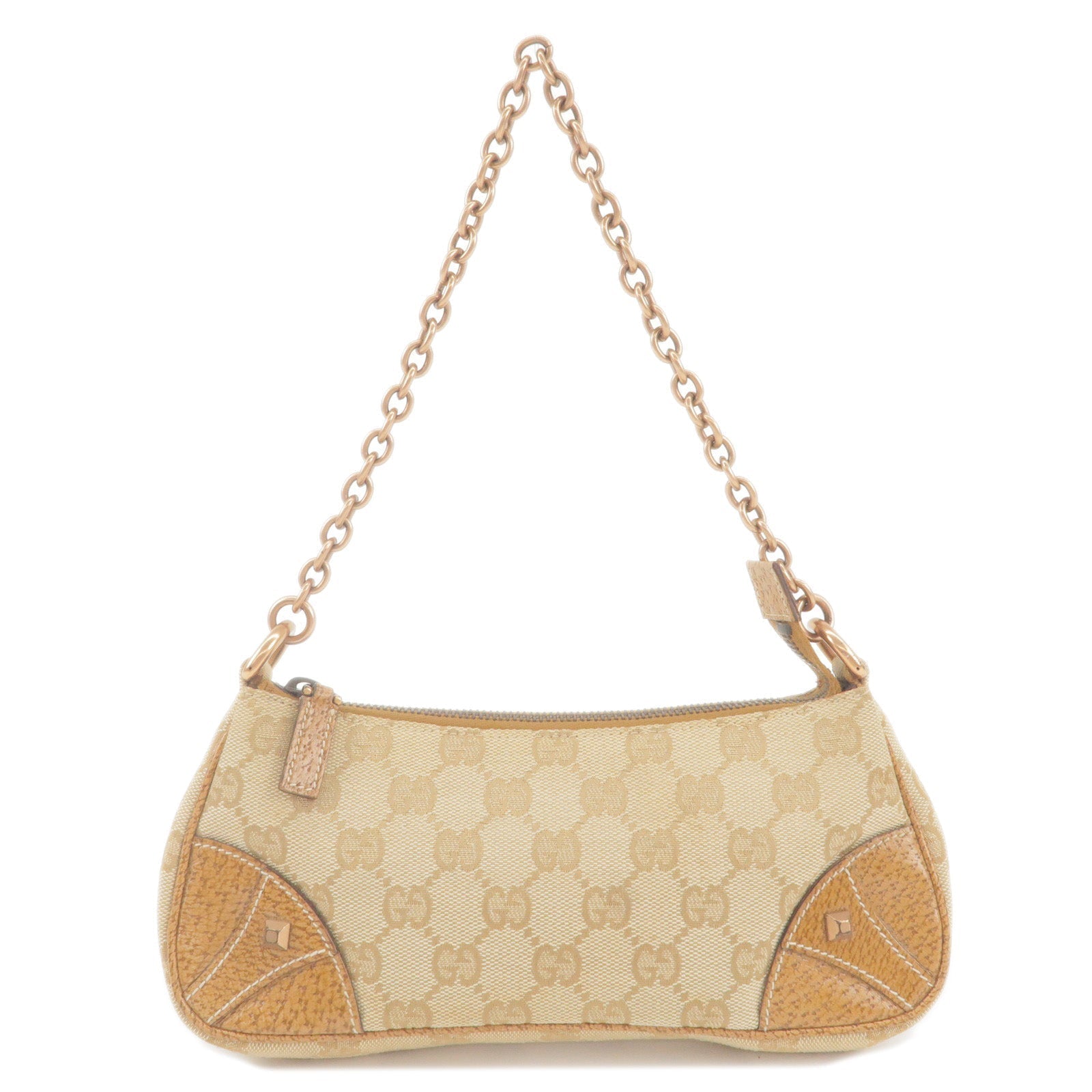 GUCCI GG Canvas Leather Chain Shoulder Bag Beige Brown 120940