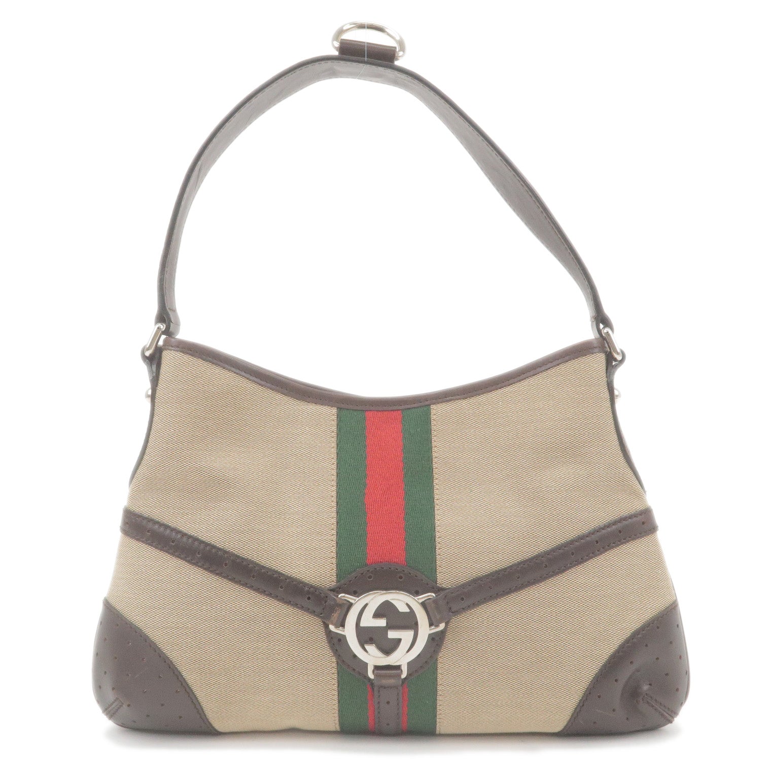 GUCCI Sherry Canvas Leather Shoulder Bag Hobo Bag Beige Brown