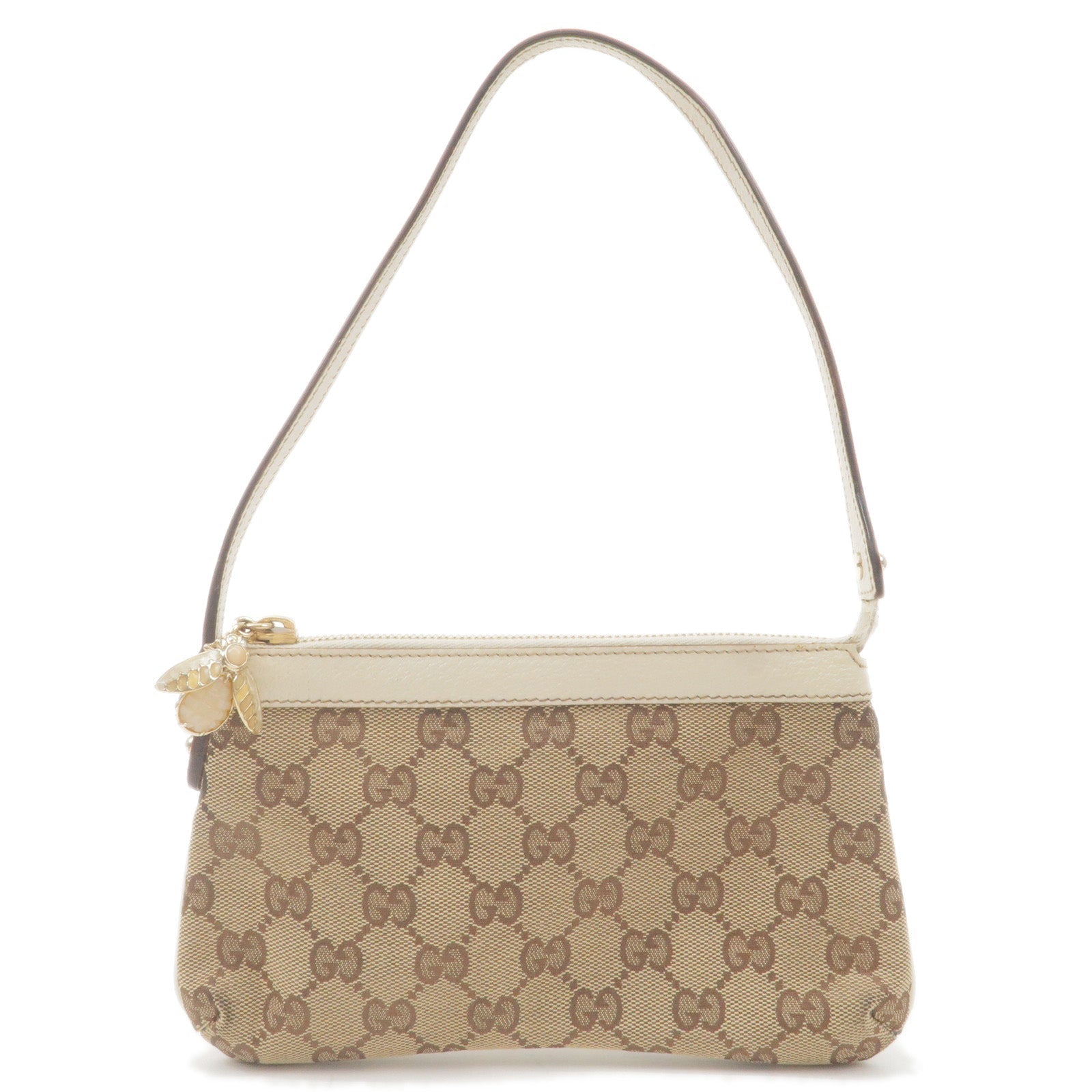 GUCCI GG Canvas Leather Bee Hand Bag Pouch Beige Ivory 153021