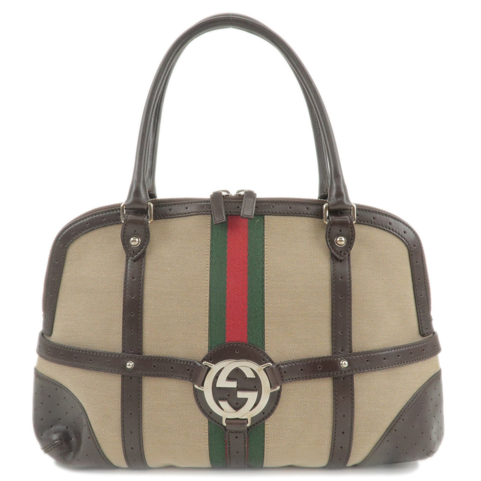 GUCCI Sherry Canvas Leather Shoulder Bag Beige Brown 114887