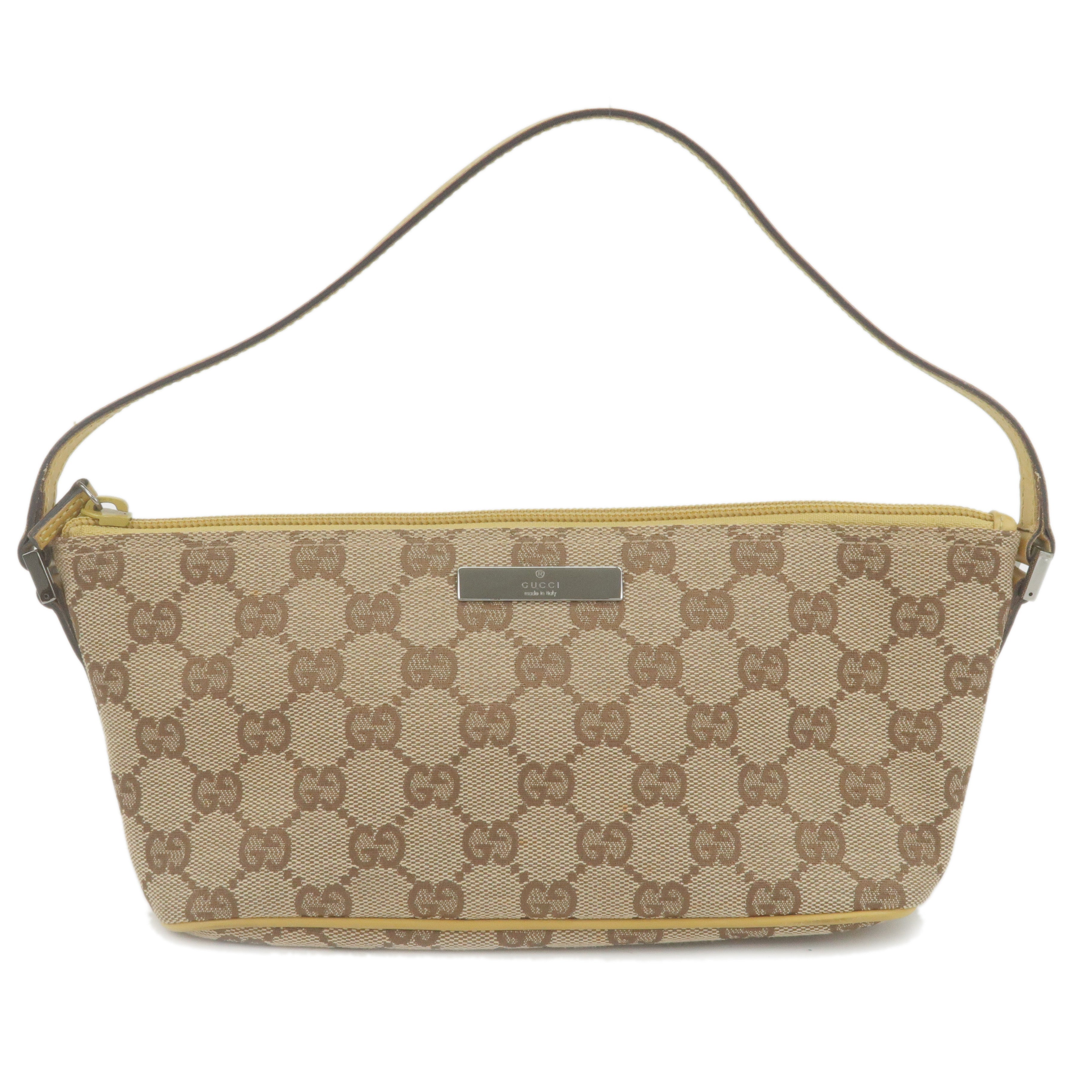 GUCCI GG Canvas Leather Pouch Boat Bag Brown Yellow 07198