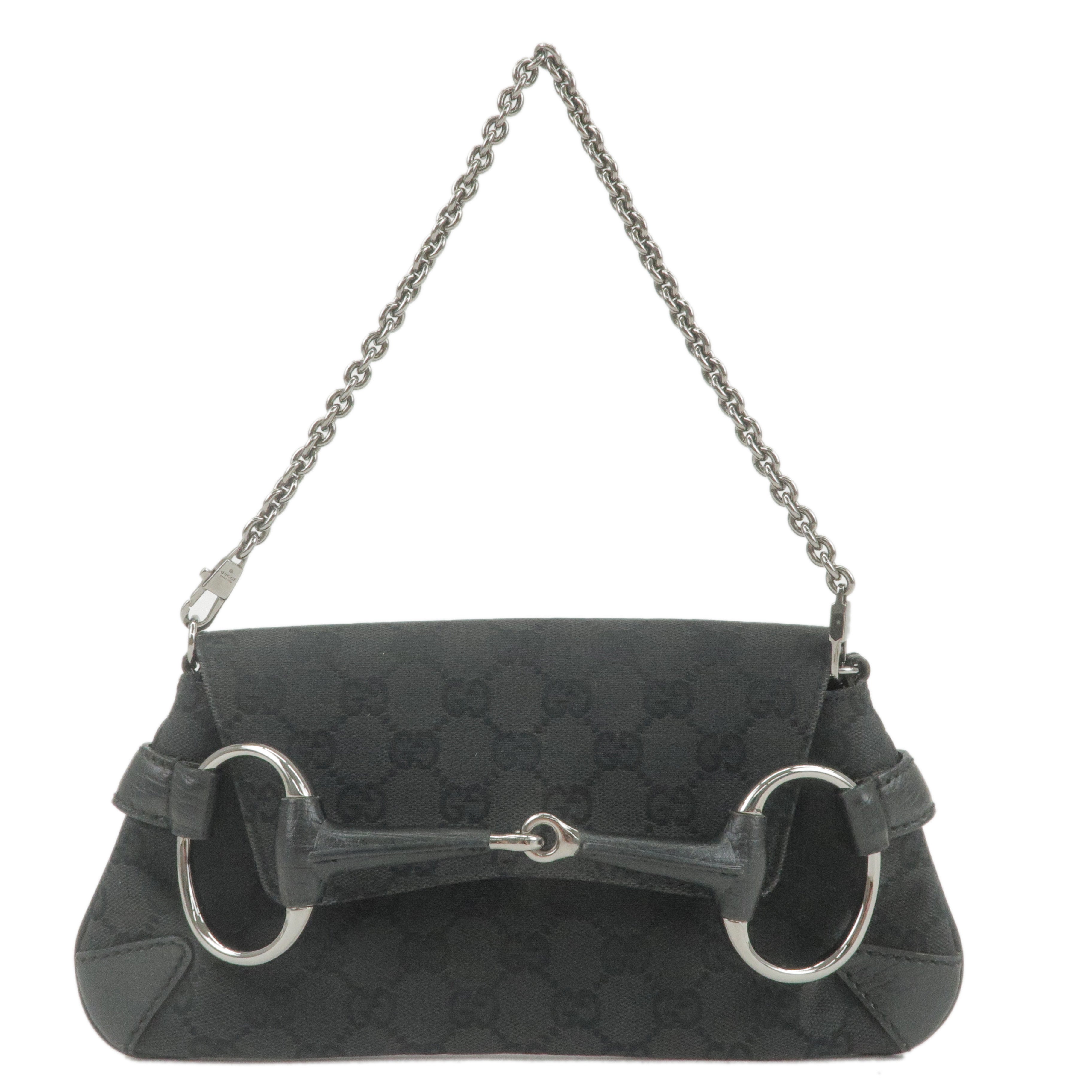 GUCCI Horsebit GG Canvas Leather Chain Shoulder Bag Black 114923