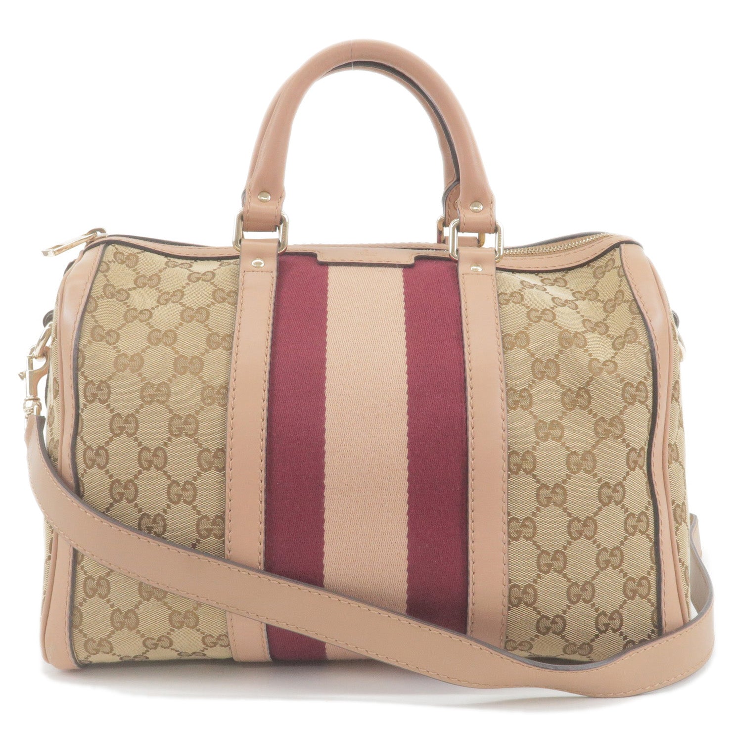 GUCCI Sherry Line GG Canvas Leather Boston Bag Pink Beige 247205