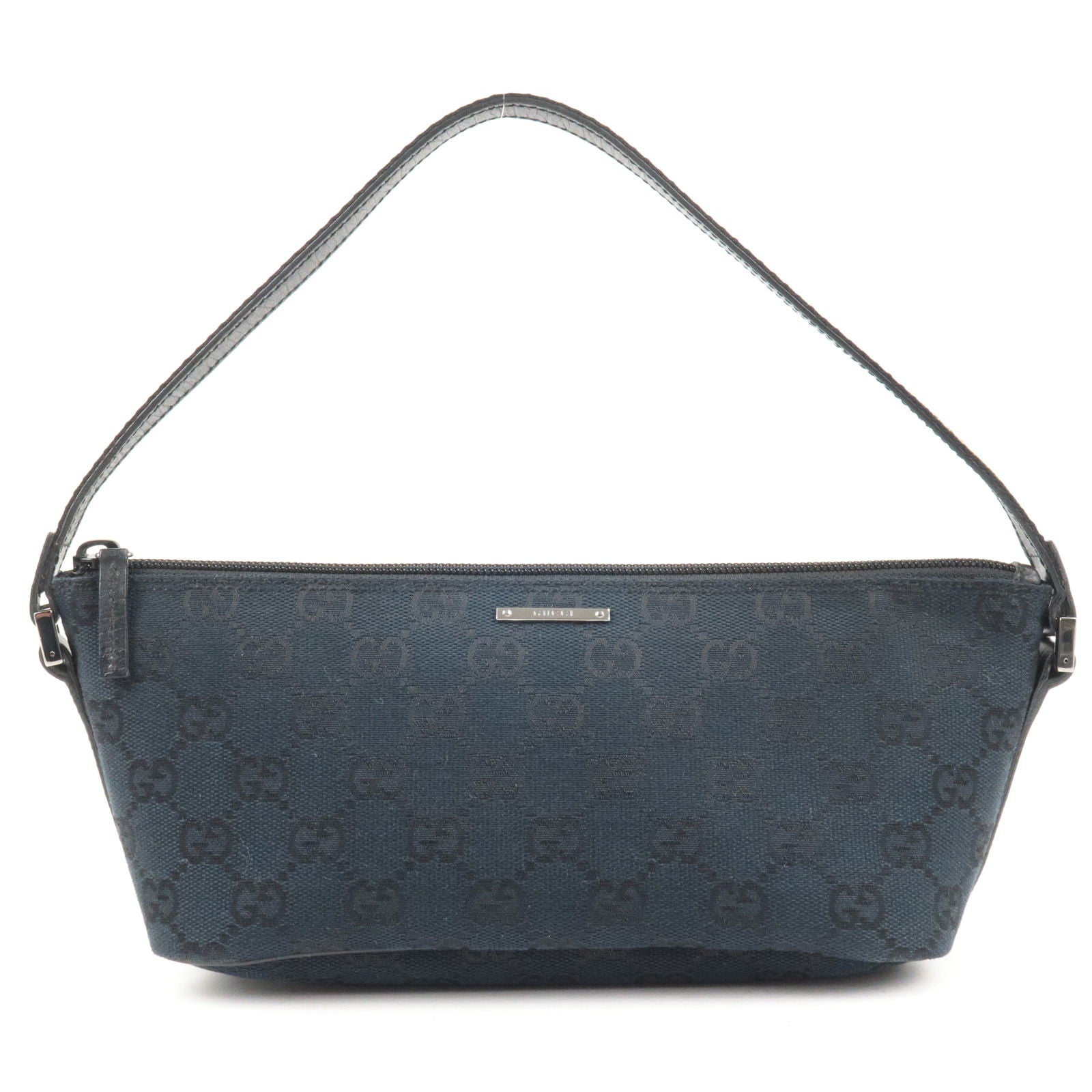 GUCCI Boat Bag Sherry GG Canvas Leather Pouch Black 141809