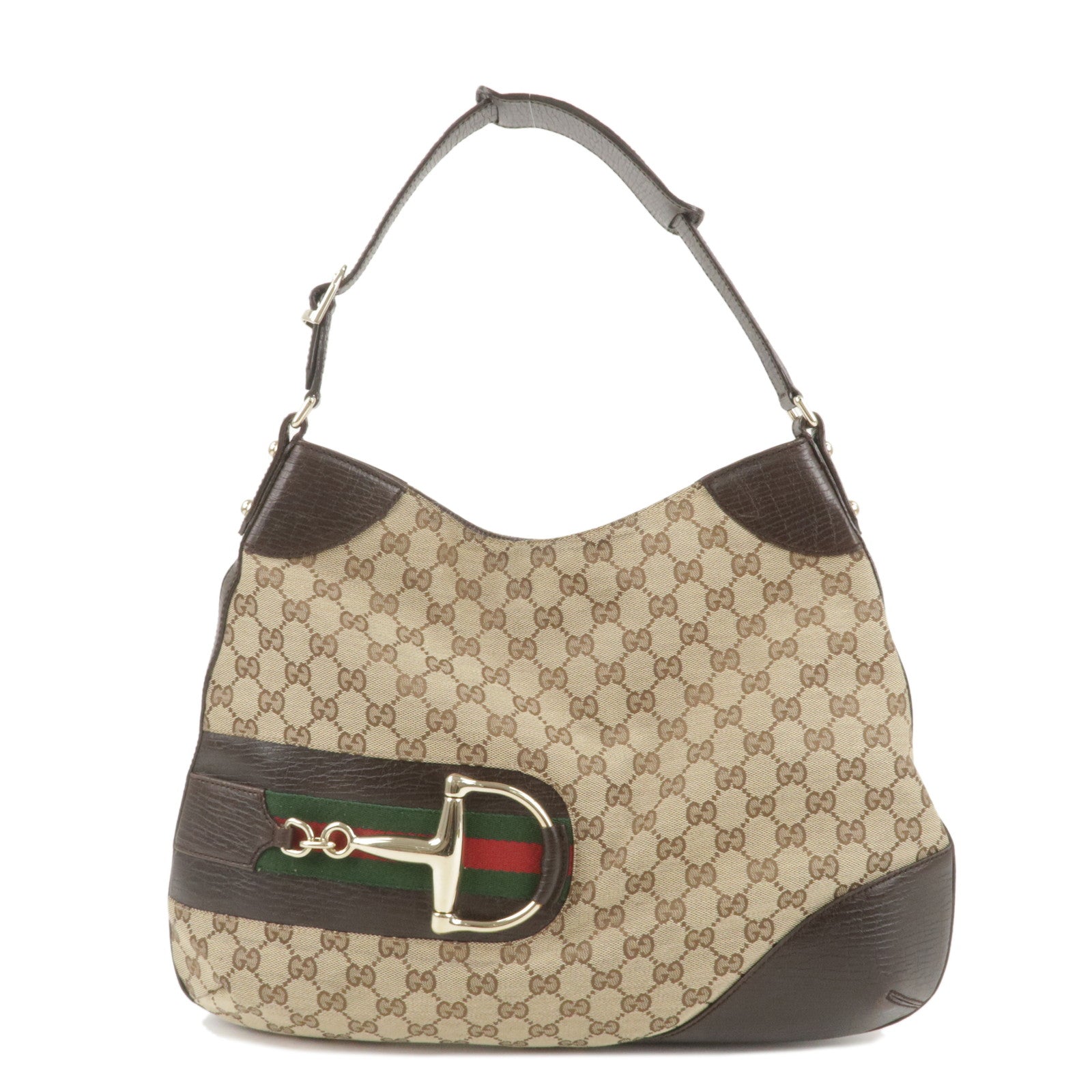 GUCCI Horsebit Sherry GG Canvas Leather Shoulder Bag Brown 137386