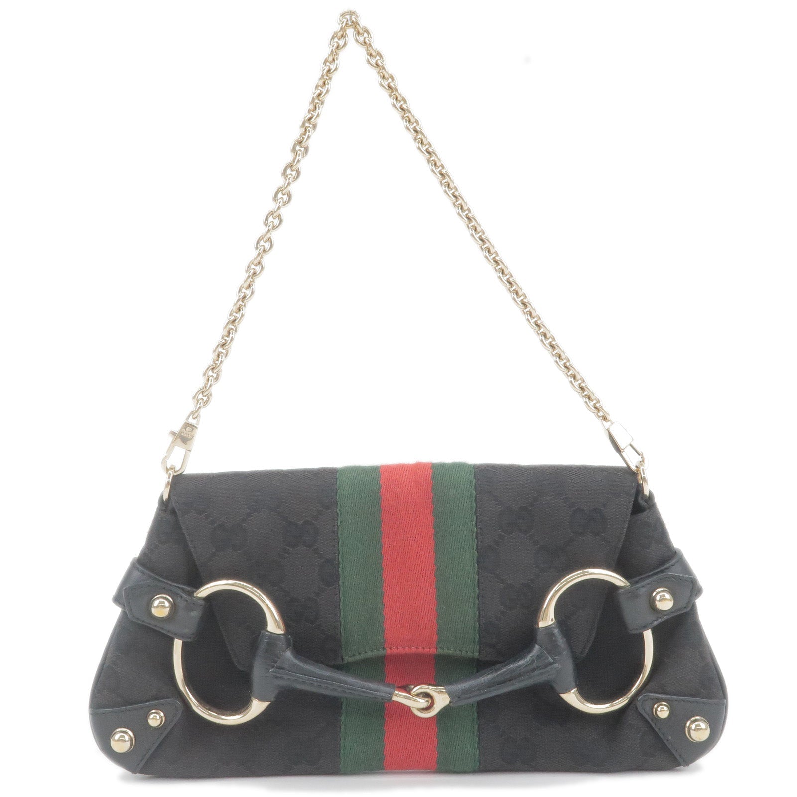 GUCCI Sherry Horsebit GG Canvas Leather Shoulder Bag Black 131470