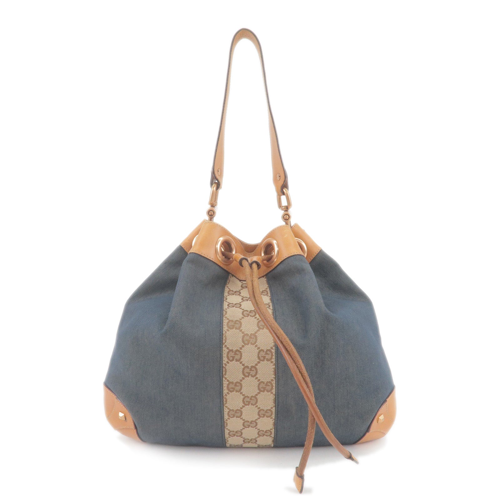 GUCCI GG Canvas Leather Denim Drawstring Shoulder Bag 120913