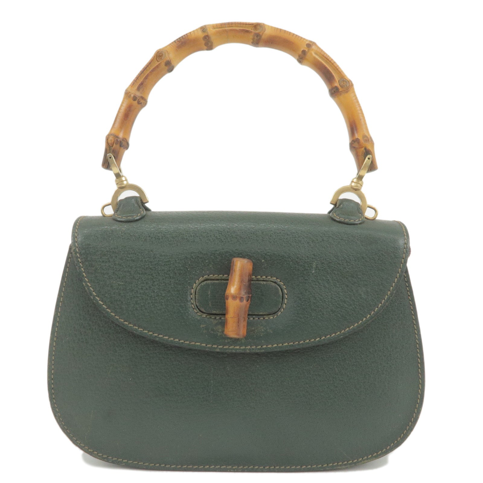 GUCCI Bamboo Leather Hand Bag Purse Green 000.1014.0188