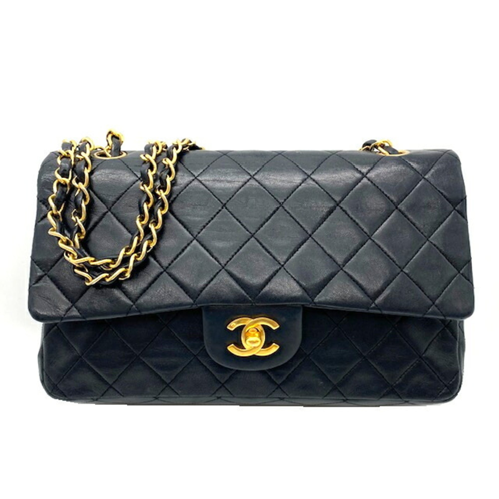 CHANEL Matelasse W Flap Chain Shoulder Bag Lambskin Black Seal Coco Mark -