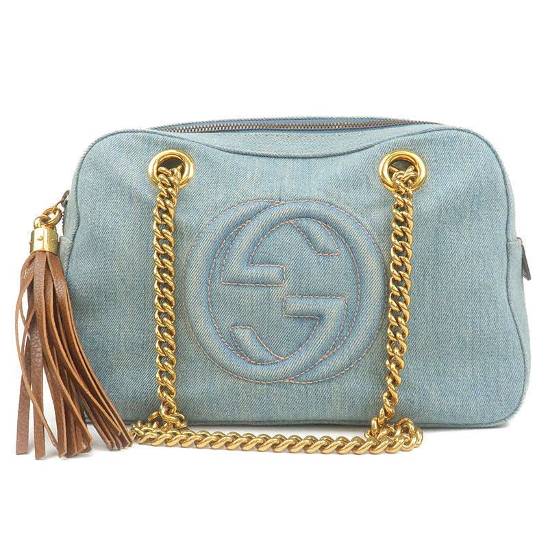 GUCCI SOHO Denim Chain Shoulder Bag Purse Blue 308983 520981Used F/S