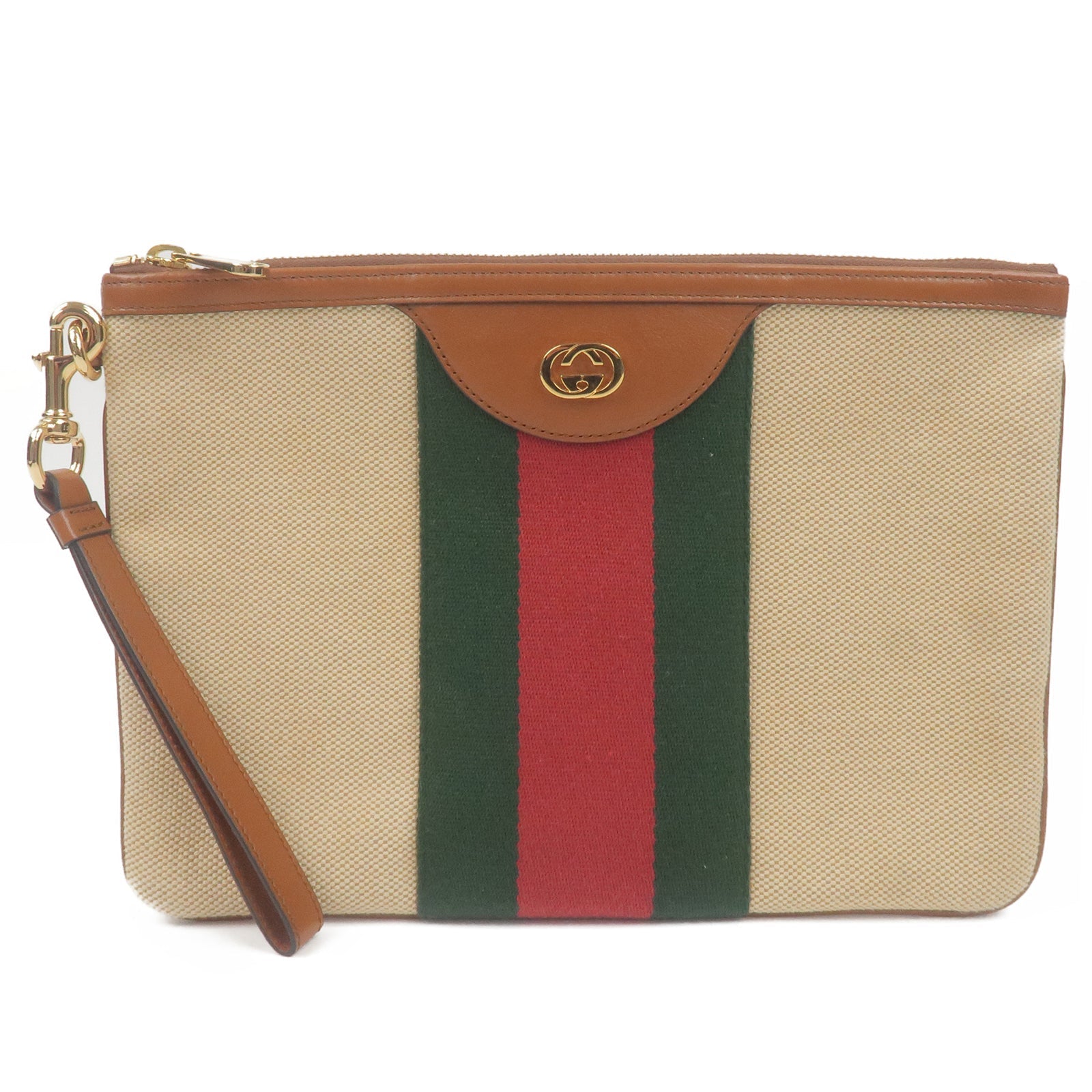 GUCCI Sherry Canvas Leather Clutch Bag Pouch Beige Brown 576053