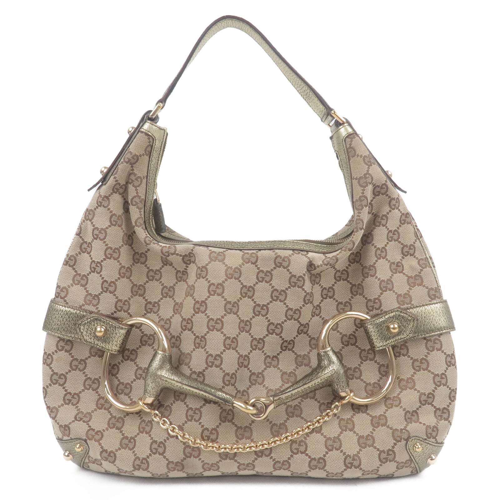 GUCCI Horsebit GG Canvas Leather Shoulder Bag Beige Gold 131026