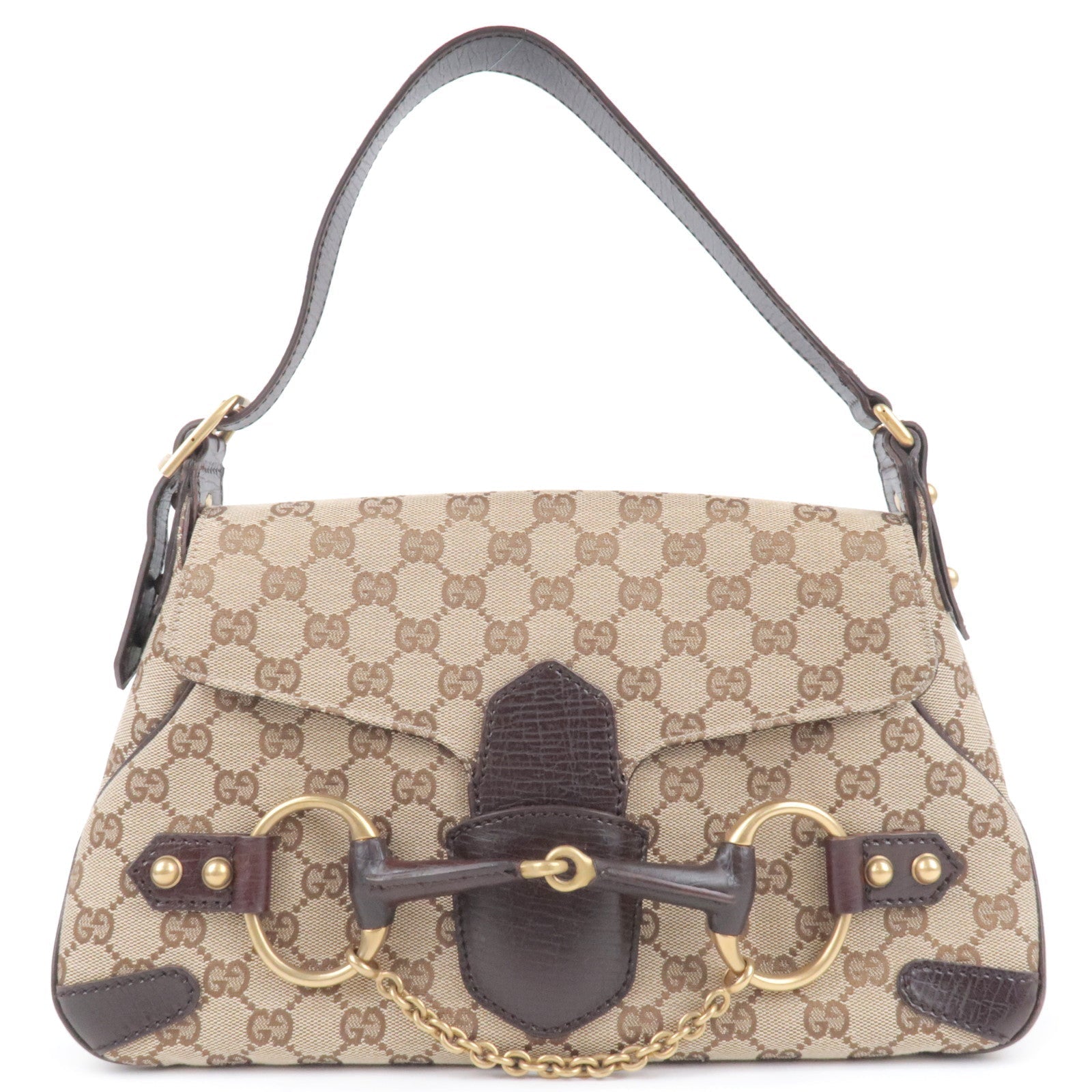 GUCCI Horsebit GG Canvas Leather Shoulder Bag Beige Brown 114915