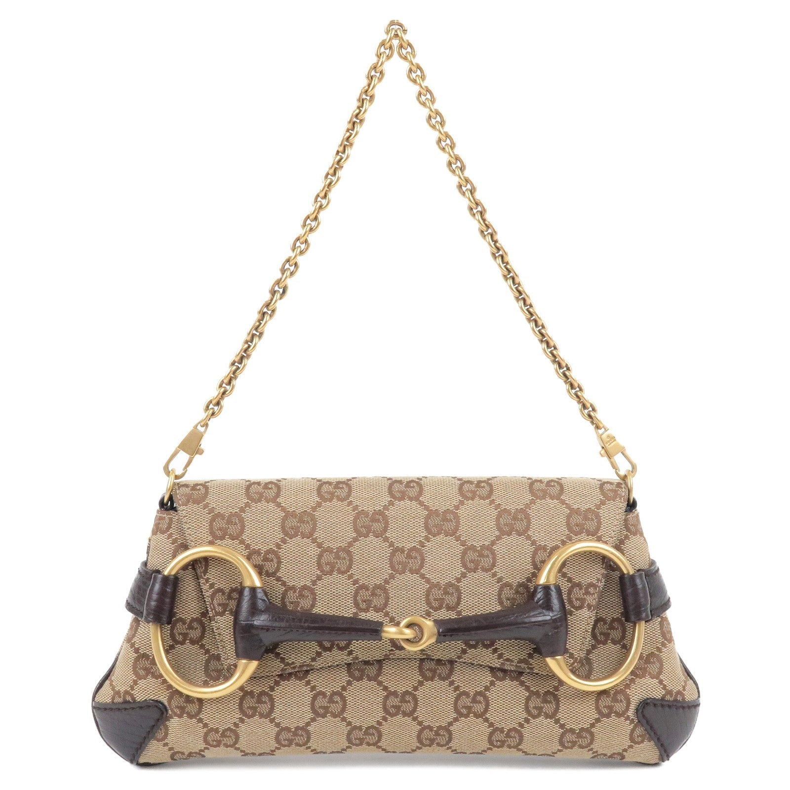 GUCCI Horsebit GG Canvas Leather Chain Shoulder Bag Brown 114923