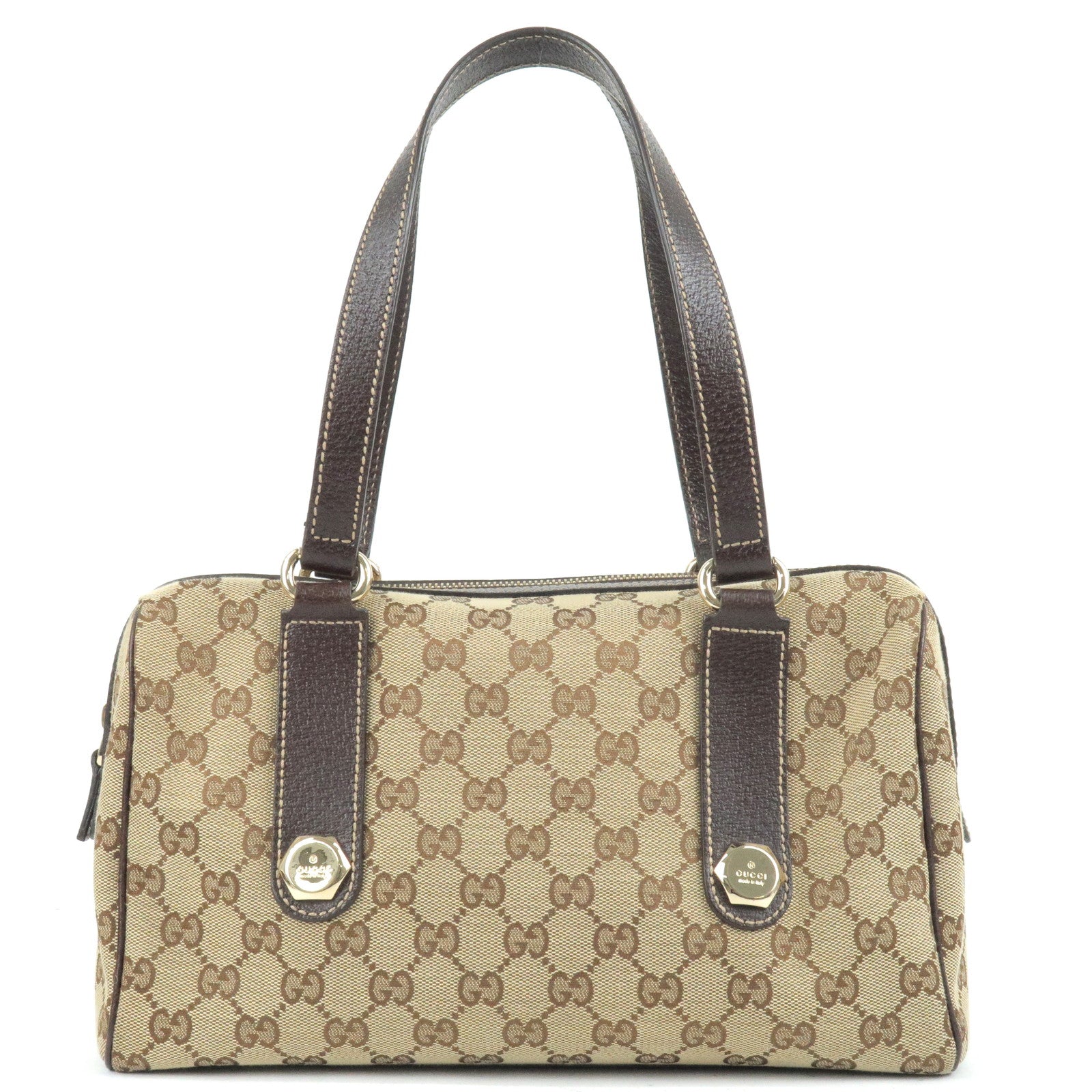 GUCCI GG Canvas Leather Boston Bag Beige Brown 152457