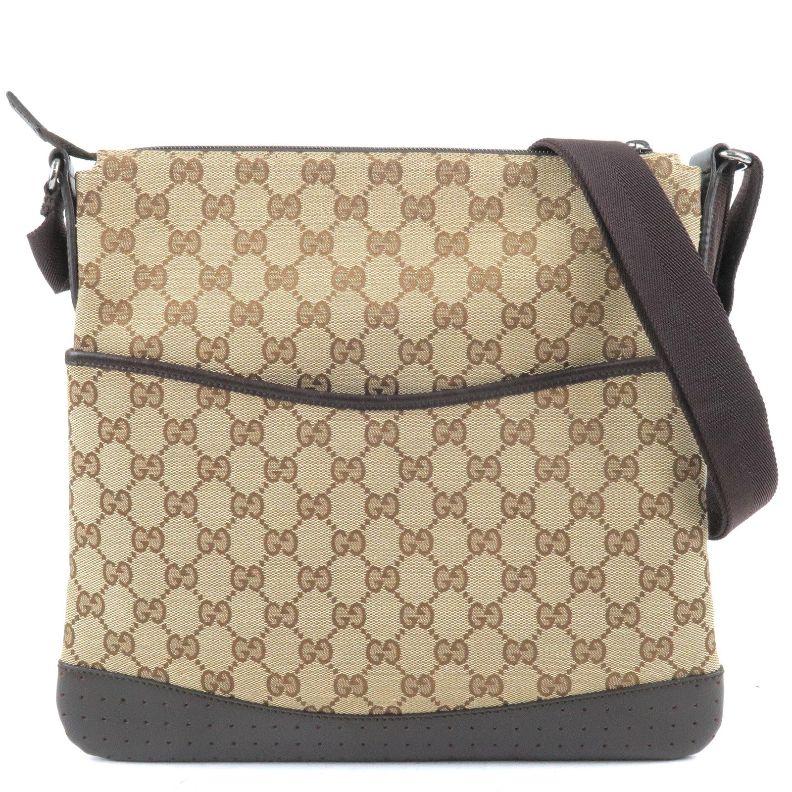 GUCCI GG Canvas Leather Shoulder Bag Beige Brown 145857