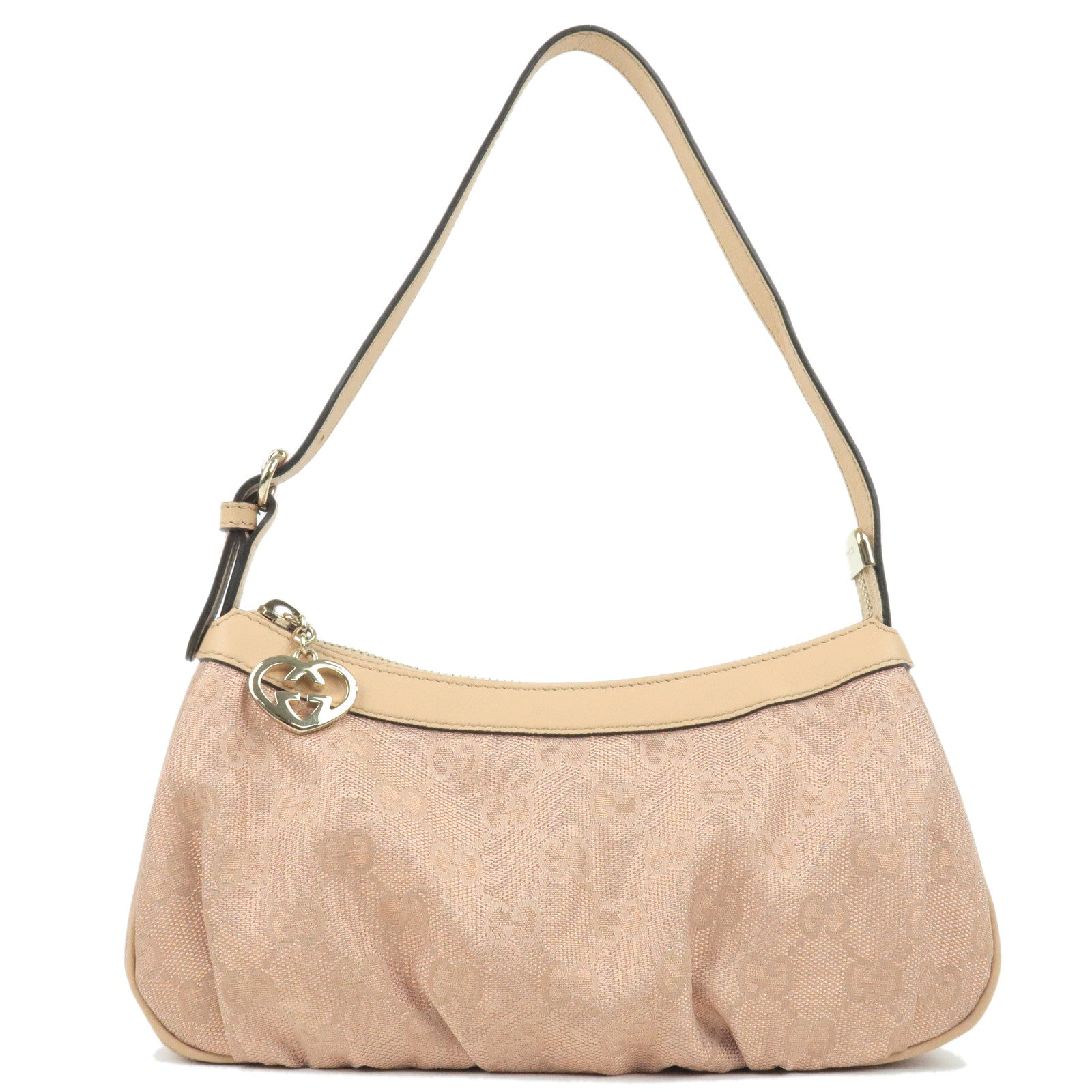 GUCCI Lovely GG Canvas Leather Pouch Metallic Pink Beige 245938