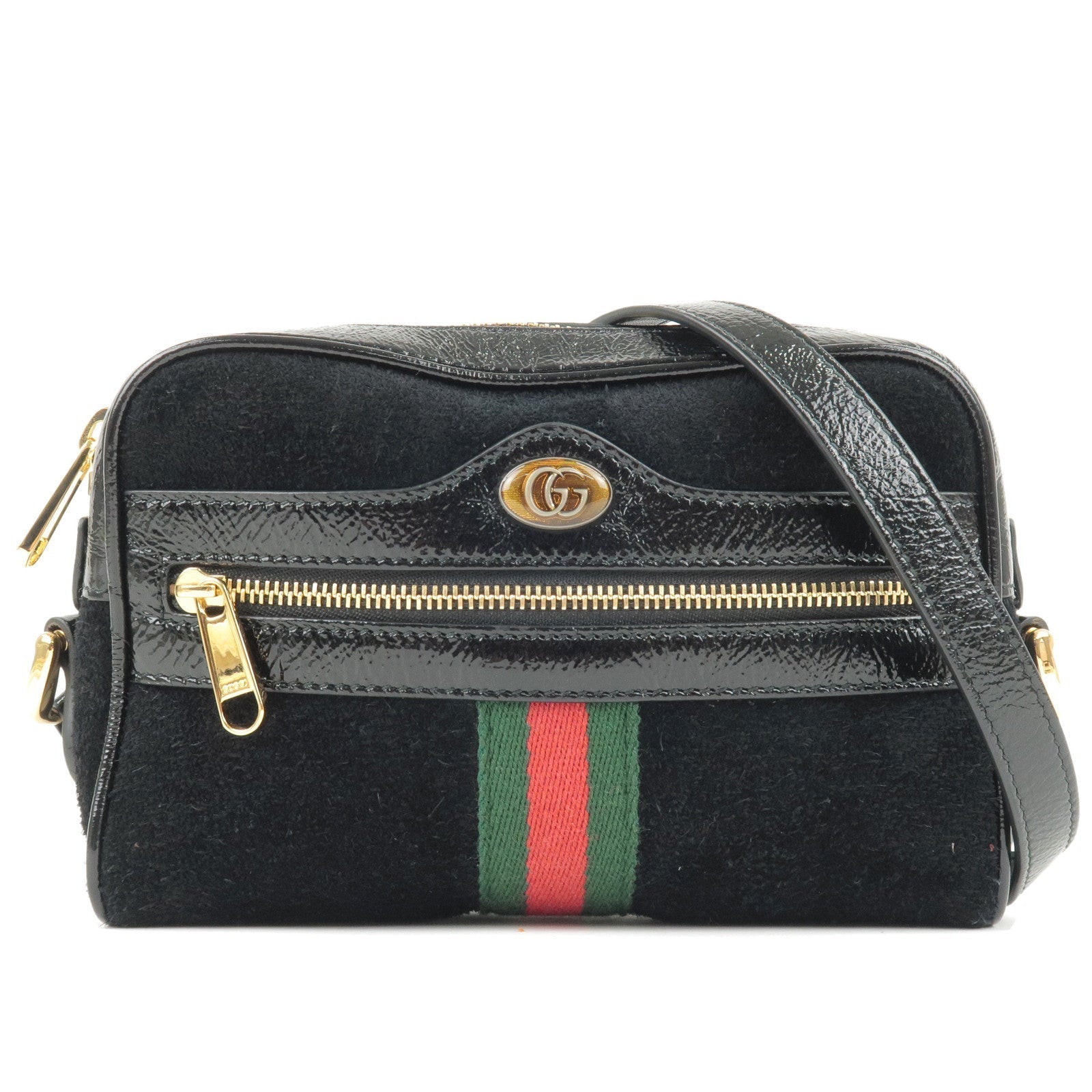 GUCCI Sherry Ophidia Suede Enamel Shoulder Bag Black 517350