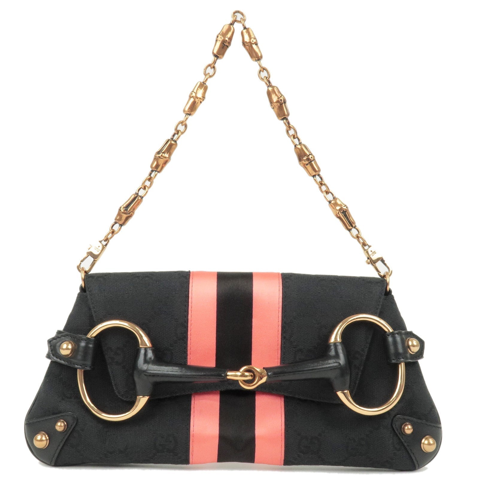 GUCCI Bamboo Horsebit GG Canvas Leather Shoulder Bag Black 129497