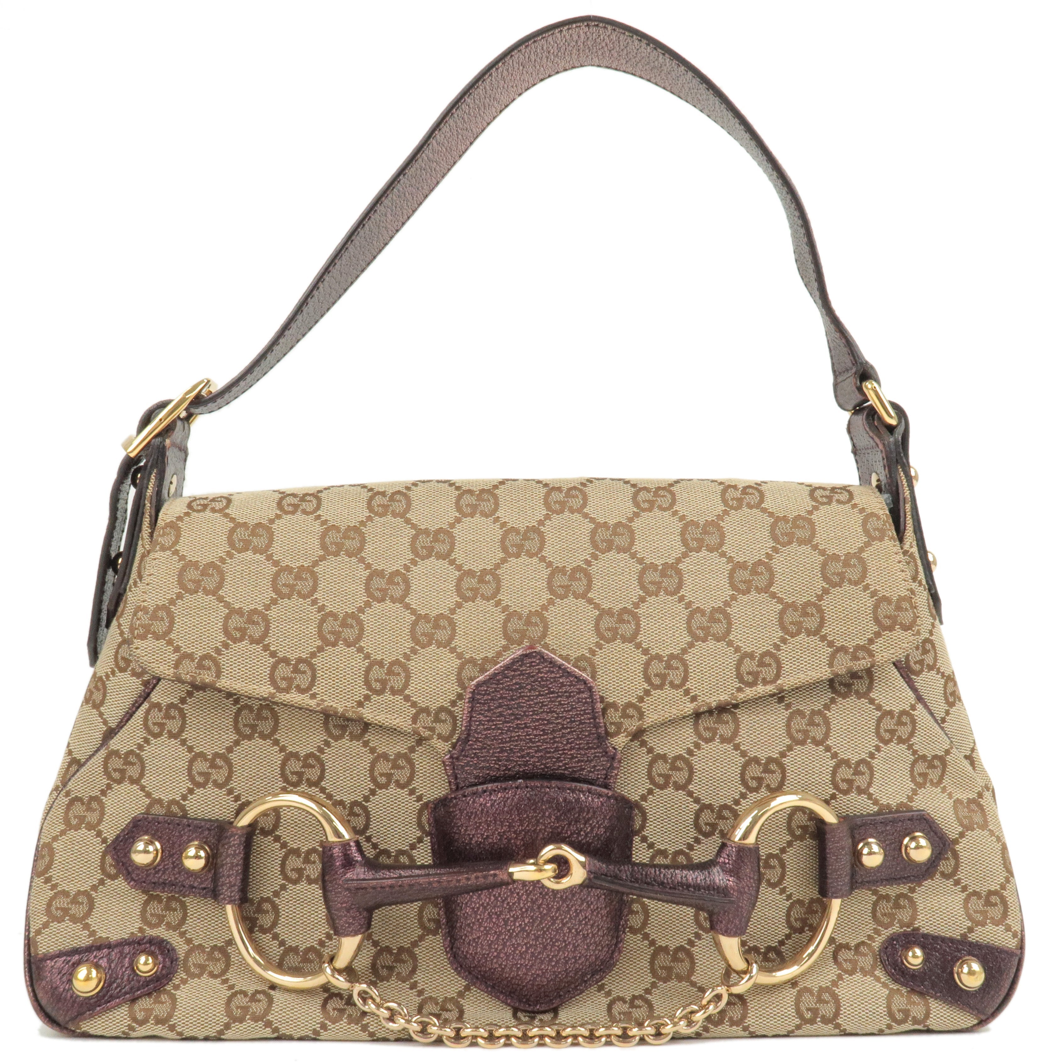 GUCCI Horsebit GG Canvas Leather Shoulder Bag Beige 131474