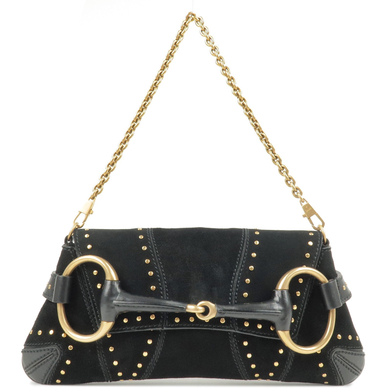 GUCCI Horsebit Suede Leather Studs 2 Way Chain Bag Black 119771