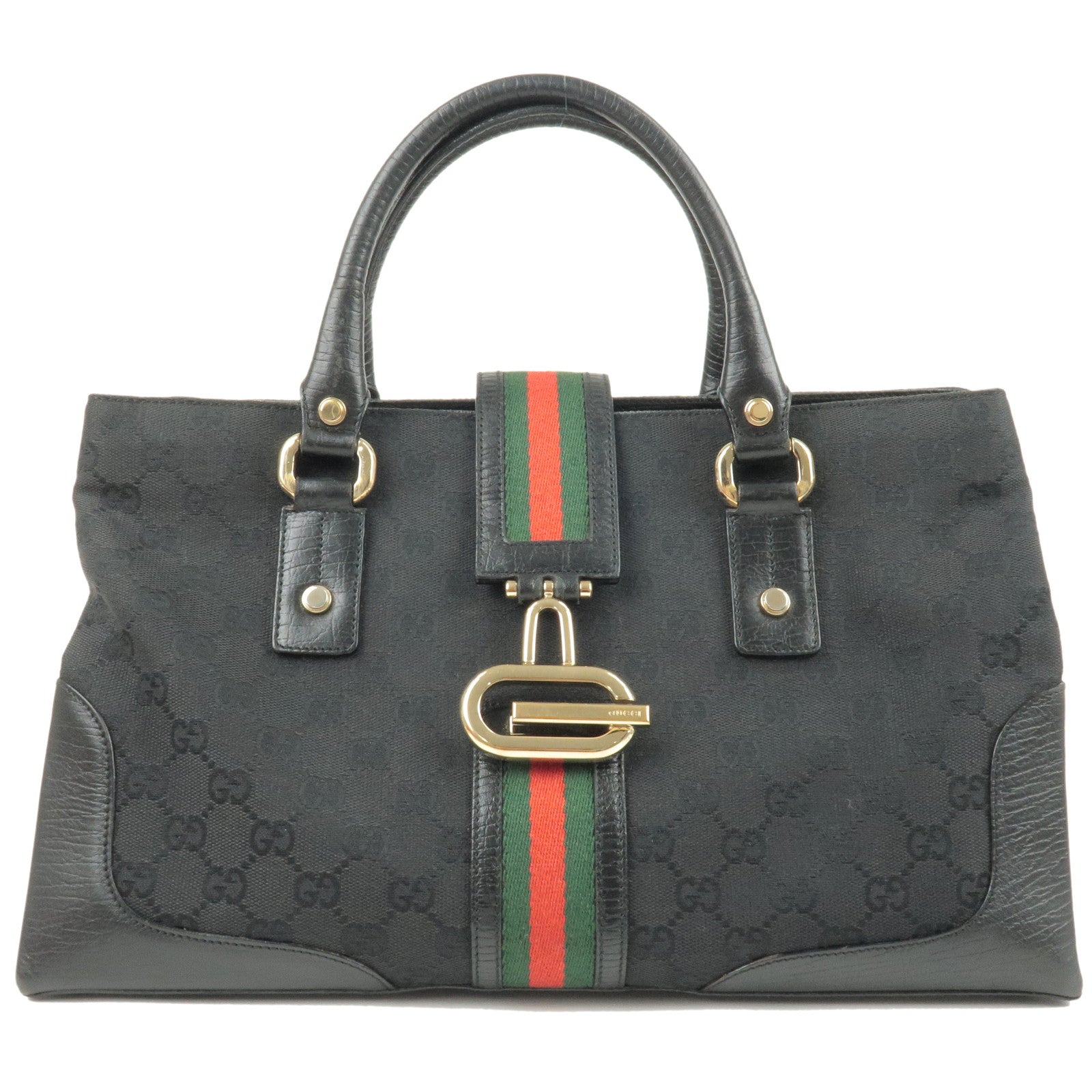 GUCCI Shelly Line GG Canvas Leather Hand Bag Black 131325