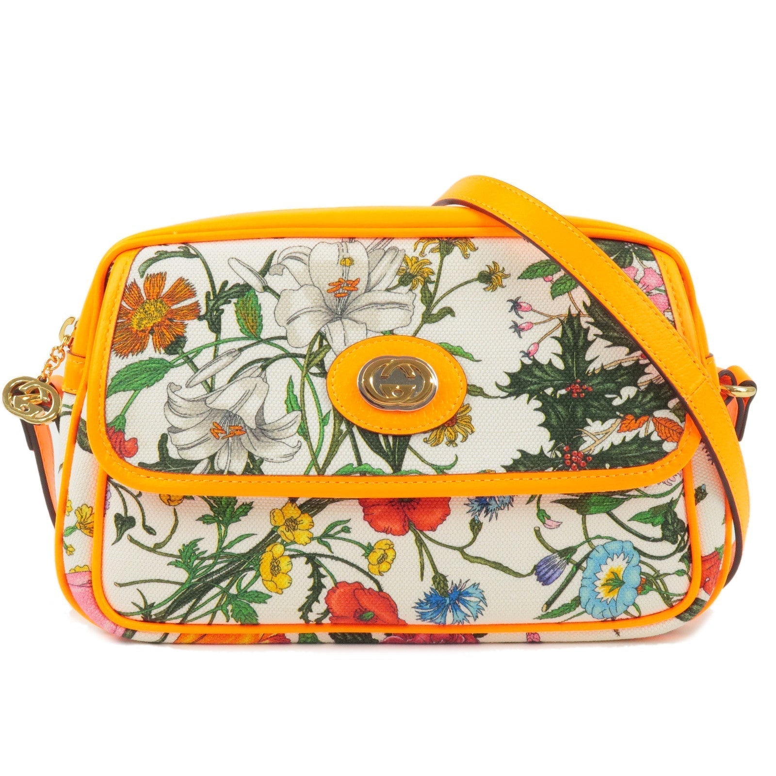 GUCCI Flora Canvas Leather Shoulder Bag Neon Orange 550147