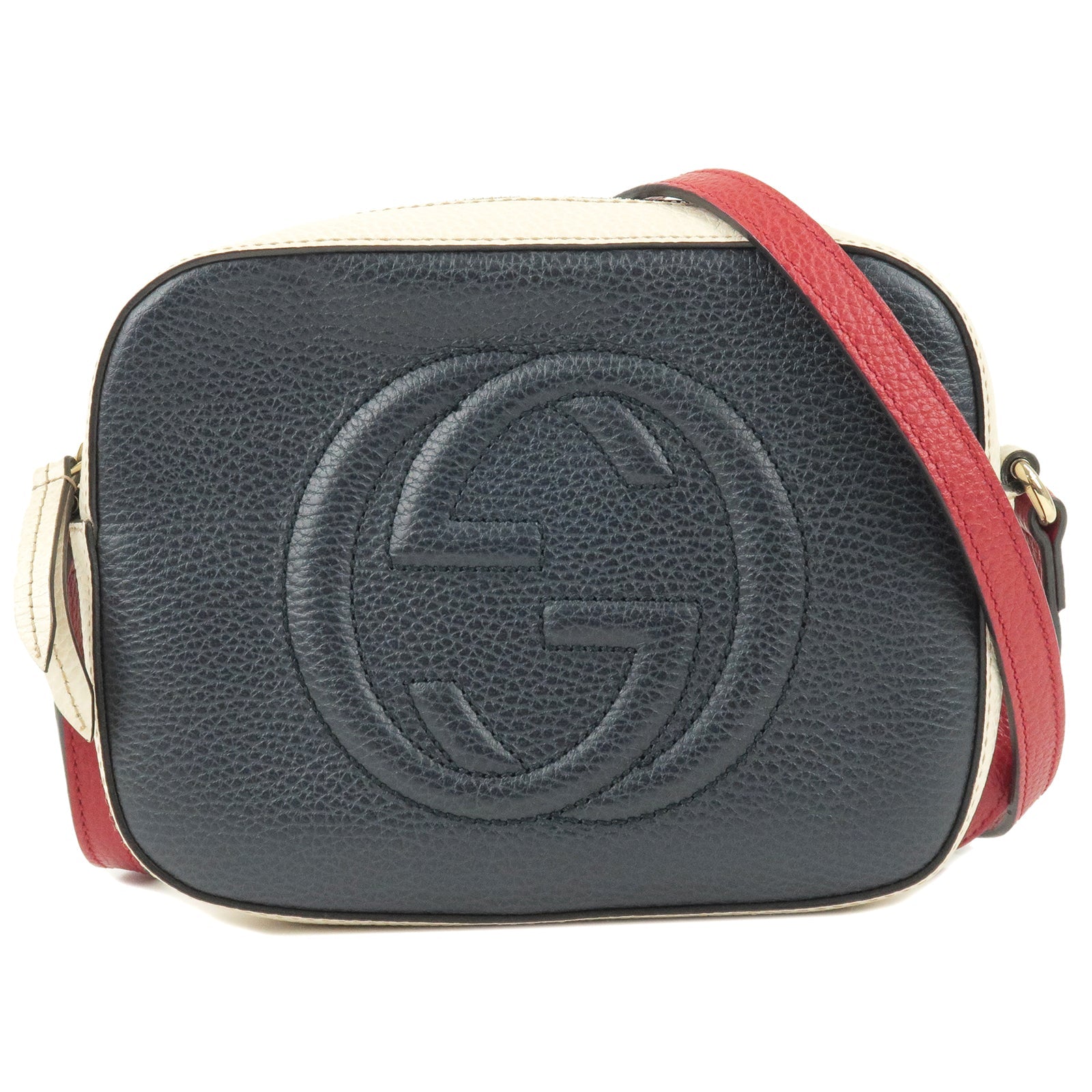 GUCCI SOHO Disco Leather Shoulder Bag Navy Ivory Red 431567