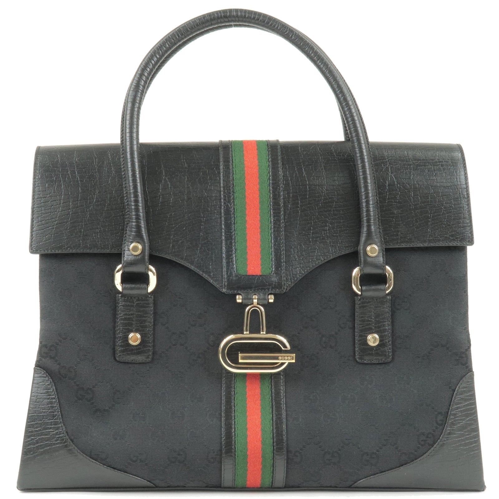 GUCCI Sherry Line GG Canvas Leather Hand Bag Black 130845