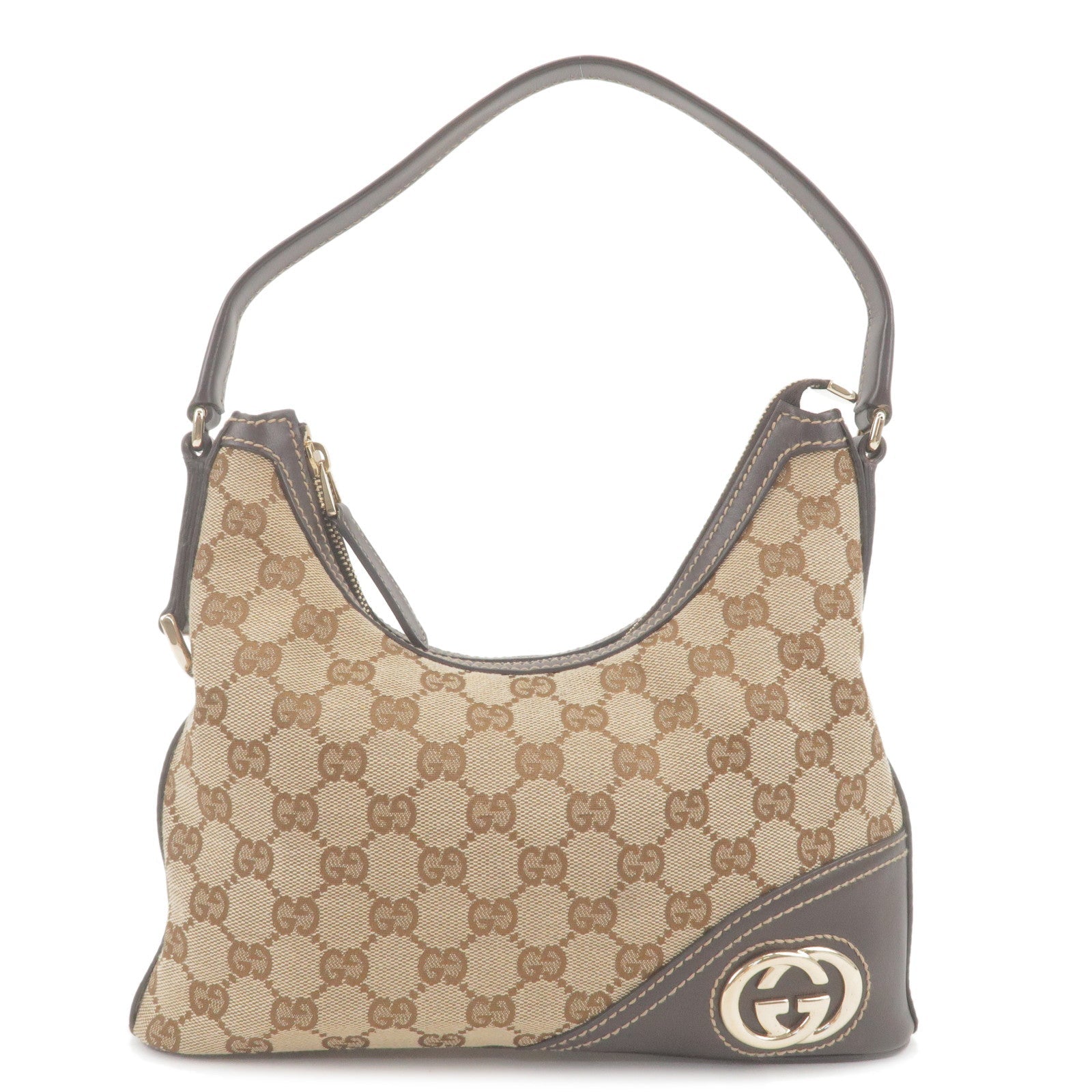 GUCCI GG Canvas Leather Shoulder Bag Beige Brown 182489