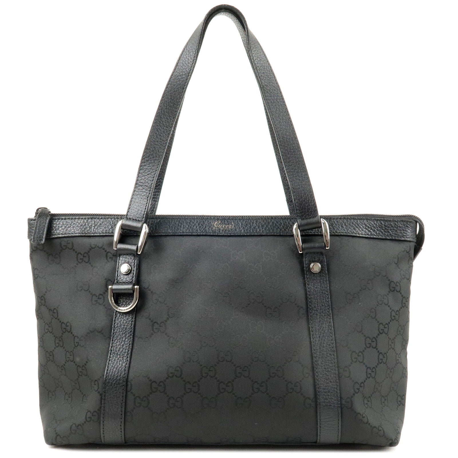 GUCCI GG Nylon Leather Tote Bag Hand Bag Black 268640