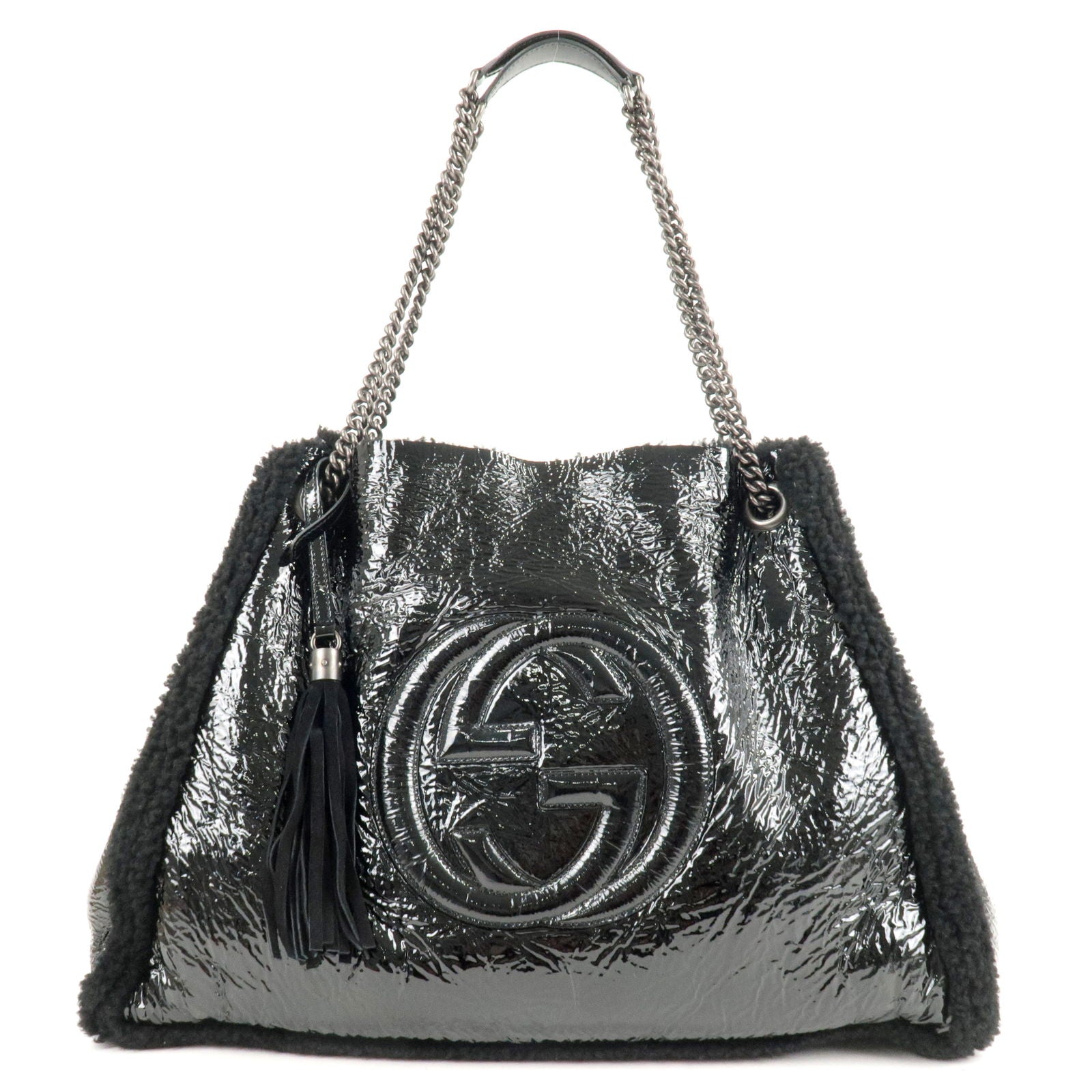 GUCCI SOHO Patent Leather Sherpa Chain Shoulder Bag Black 310306