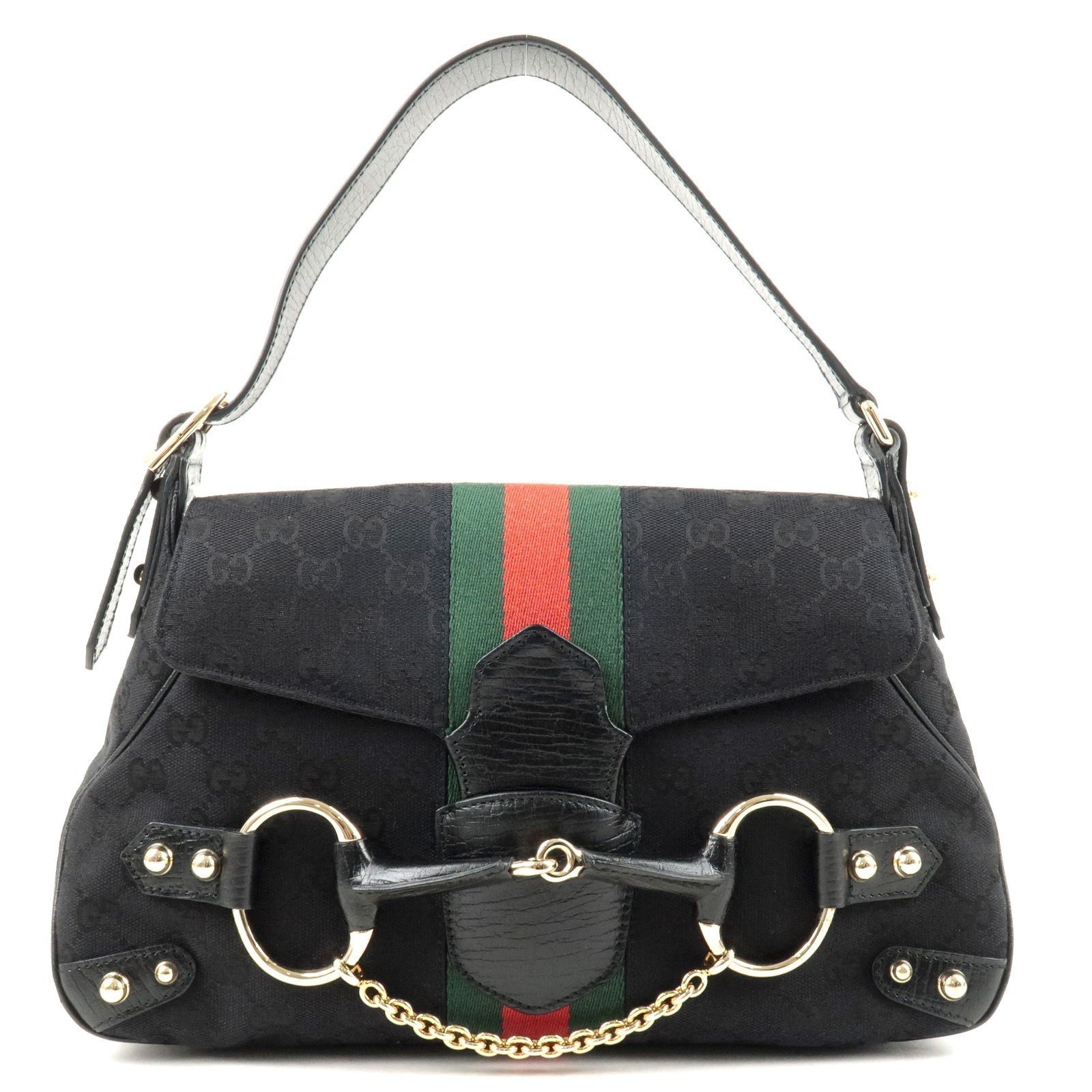 GUCCI Sherry Horsebit GG Canvas Leather Shoulder Bag Black 131474