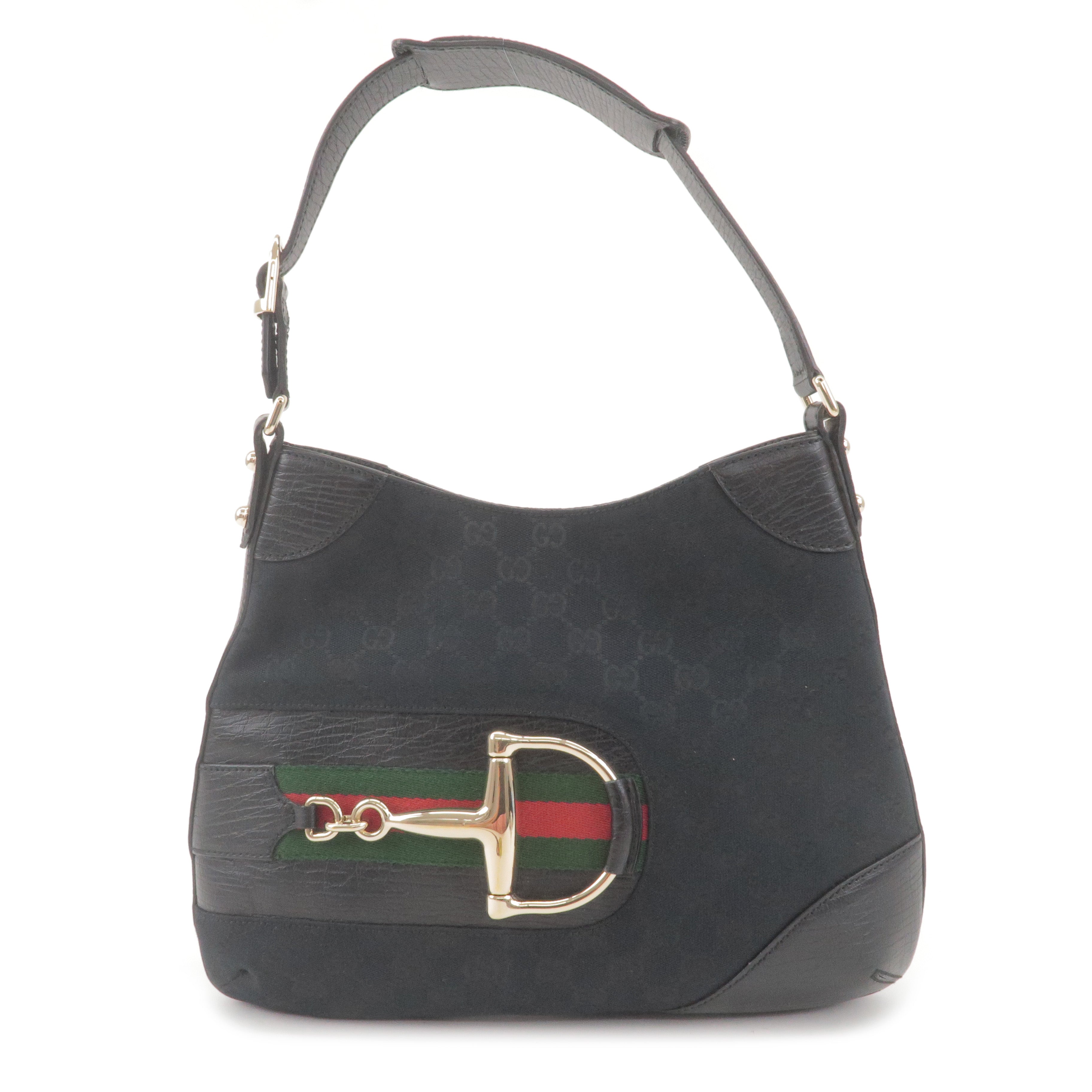 GUCCI Sherry Horsebit GG Canvas Leather Shoulder Bag Black 137388